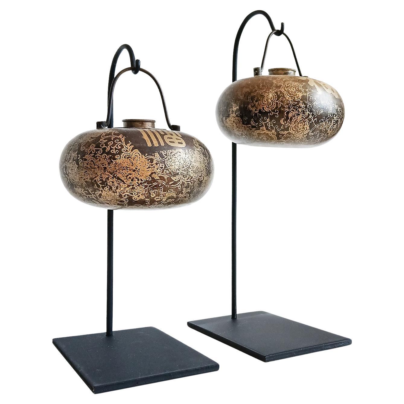 Two Asian Brass Bed Warmers, Early 20th Century, On Stand For Sale