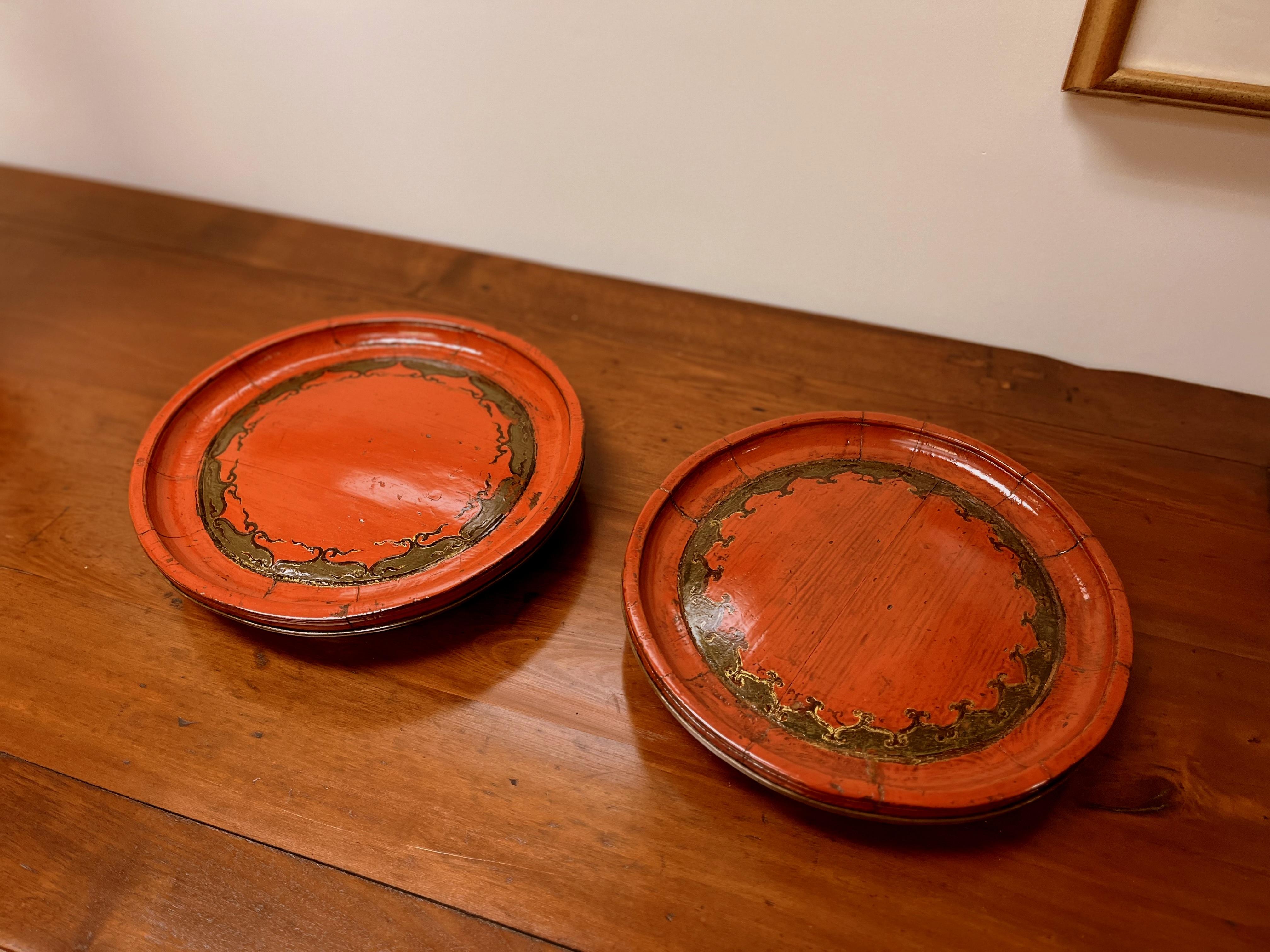 Two Asian Red Lacquer Wedding Round Wooden Plates For Sale 1