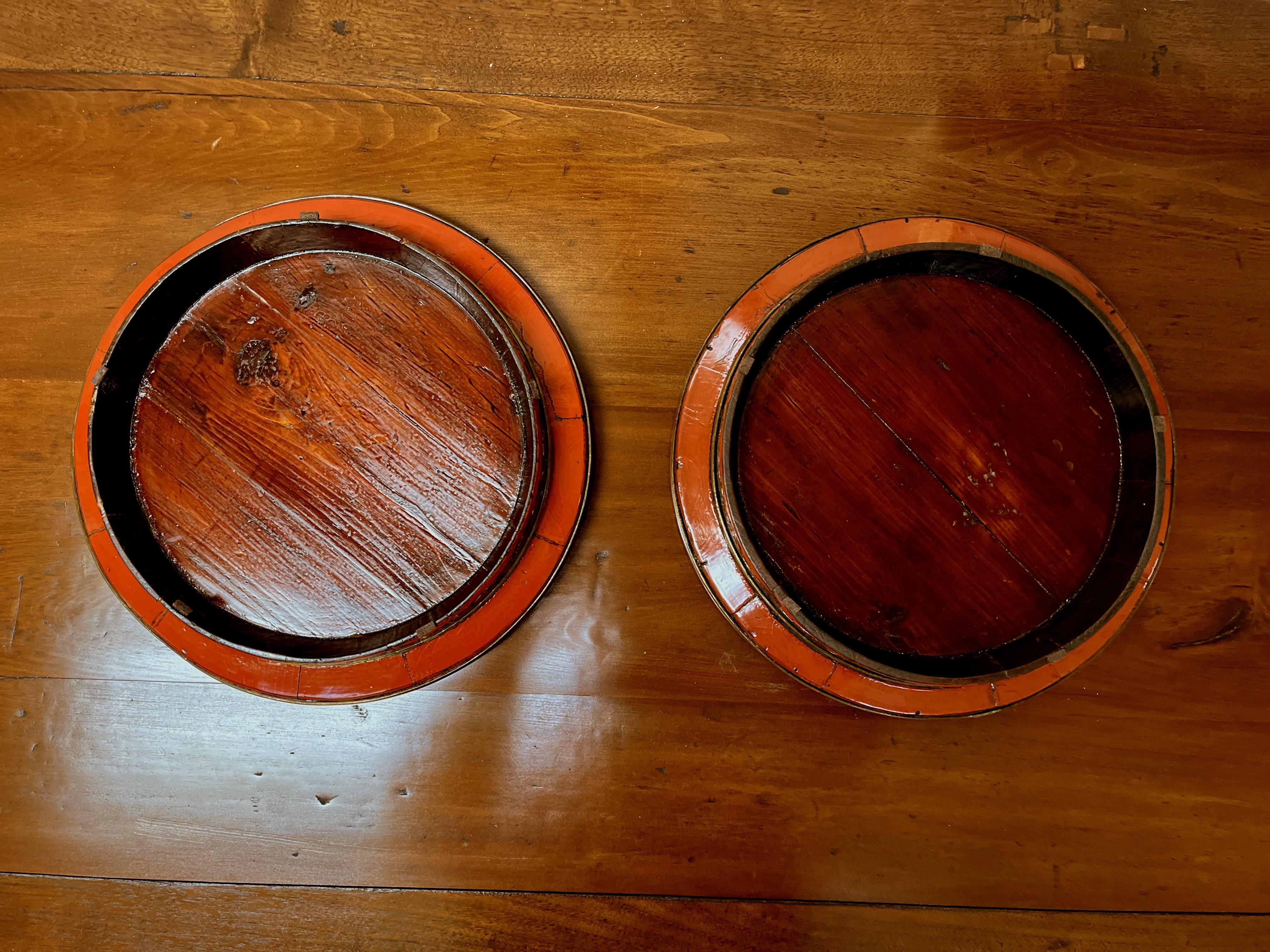 Two Asian Red Lacquer Wedding Round Wooden Plates For Sale 3