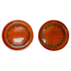 Antique Two Asian Red Lacquer Wedding Round Wooden Plates