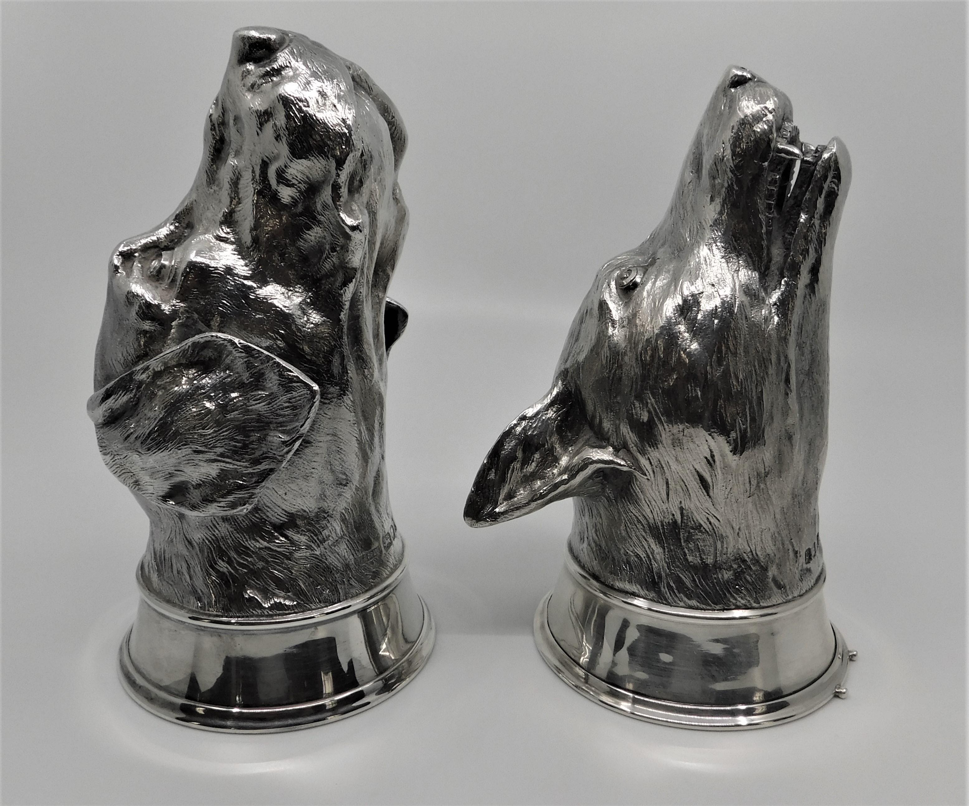 Two Asprey & Co. Sterling Silver Stirrup Cups Hound and Fox Heads In Excellent Condition In Hamilton, Ontario