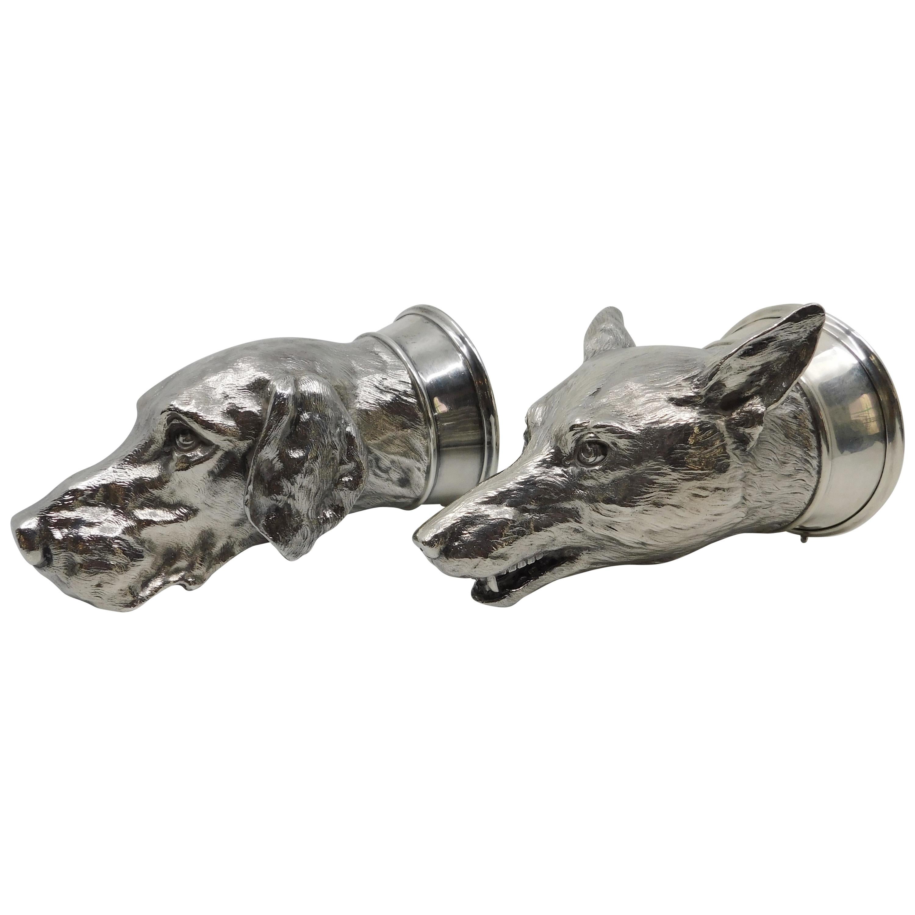 Two Asprey & Co. Sterling Silver Stirrup Cups Hound and Fox Heads