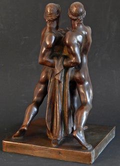 "Two Athletes in Unity", Unique 1930s Italian Art Deco Sculpture with Male Nude
