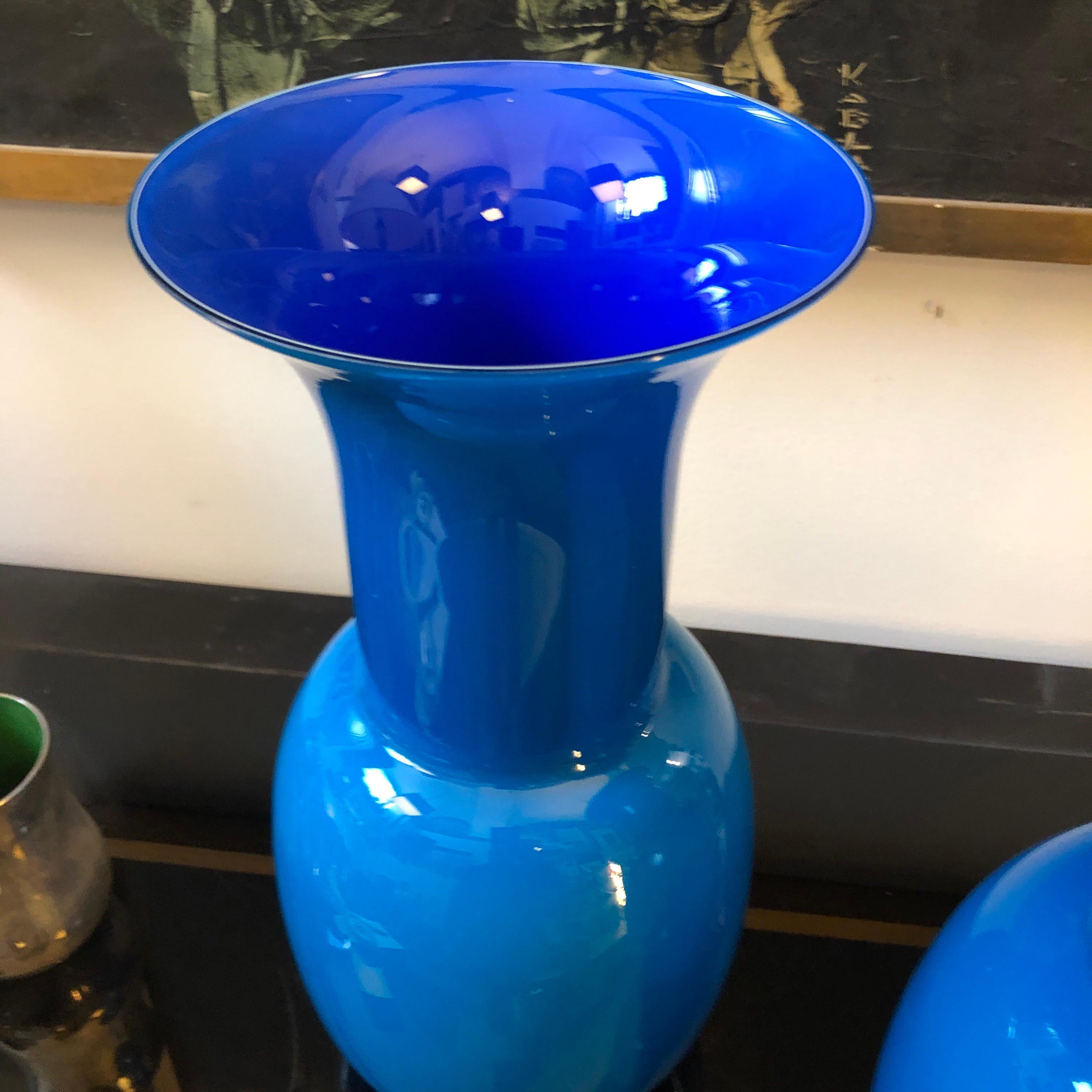 Modern Pair of Aureliano Toso Vintage Blue Murano Glass Vases, 2000