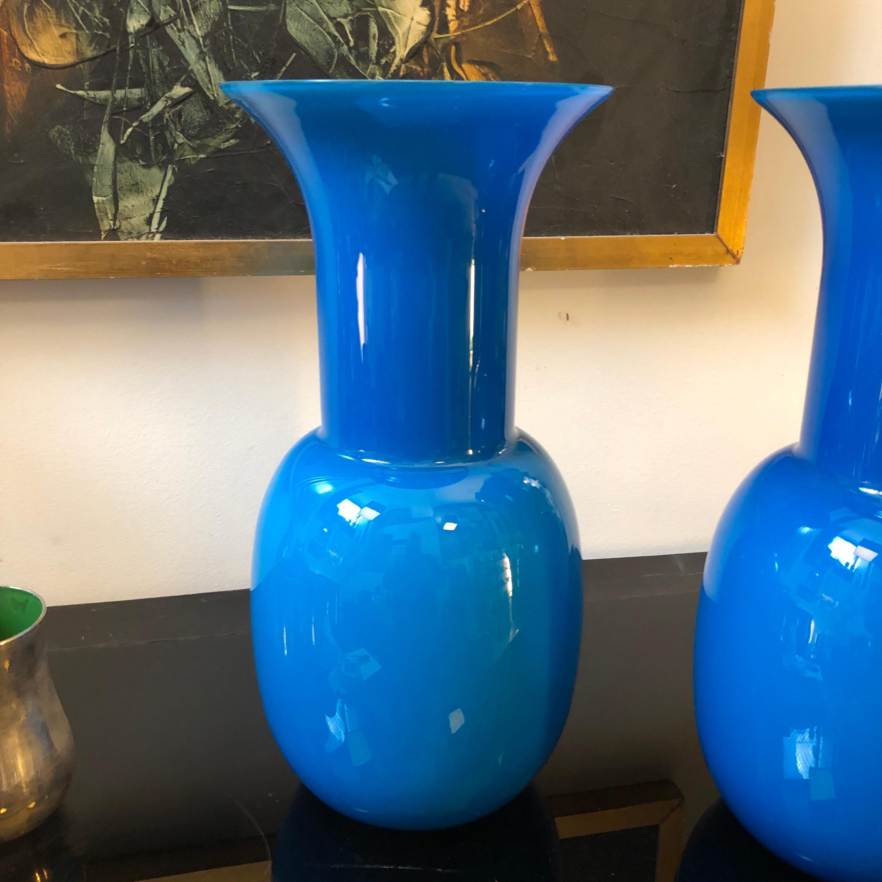 Italian Pair of Aureliano Toso Vintage Blue Murano Glass Vases, 2000