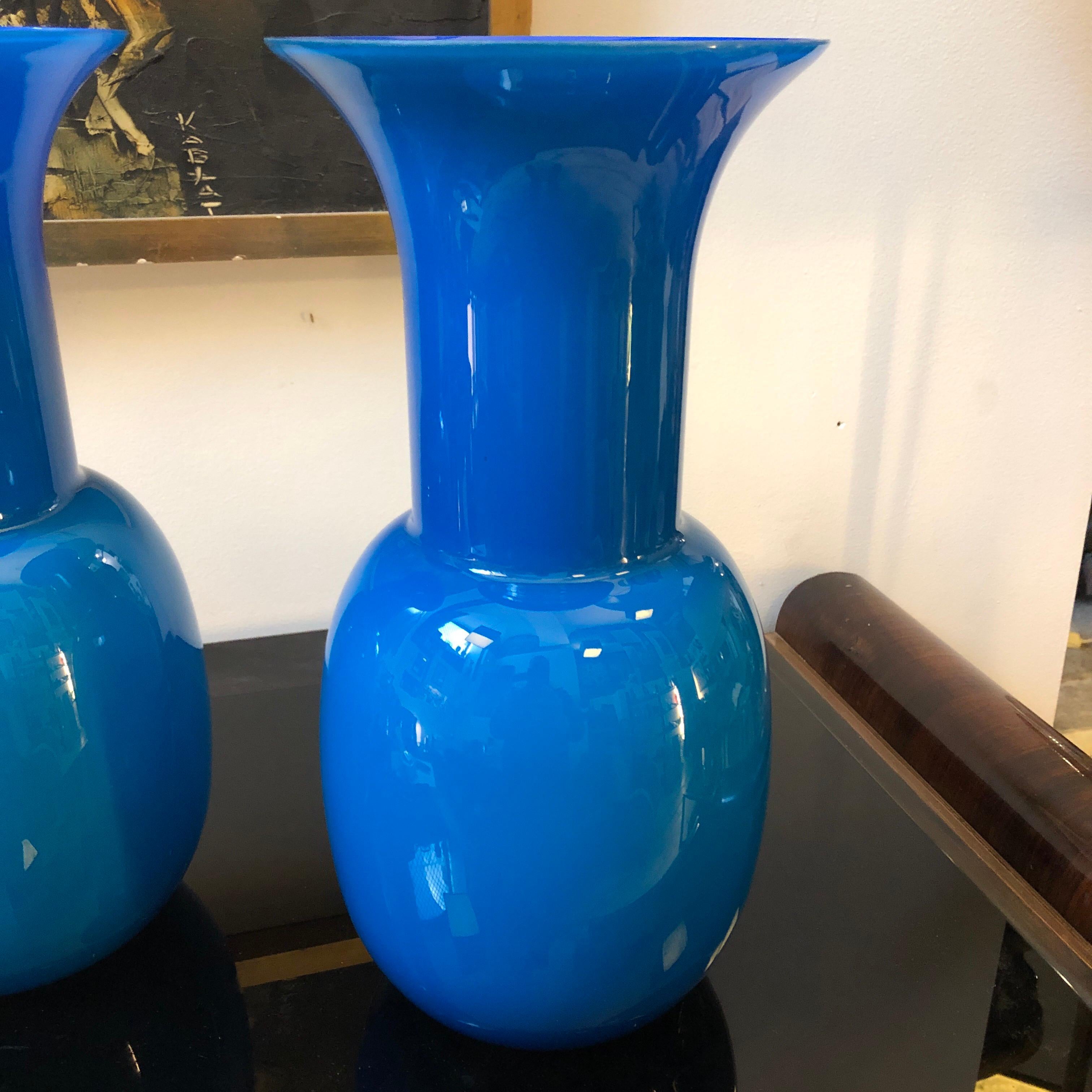Hand-Crafted Pair of Aureliano Toso Vintage Blue Murano Glass Vases, 2000