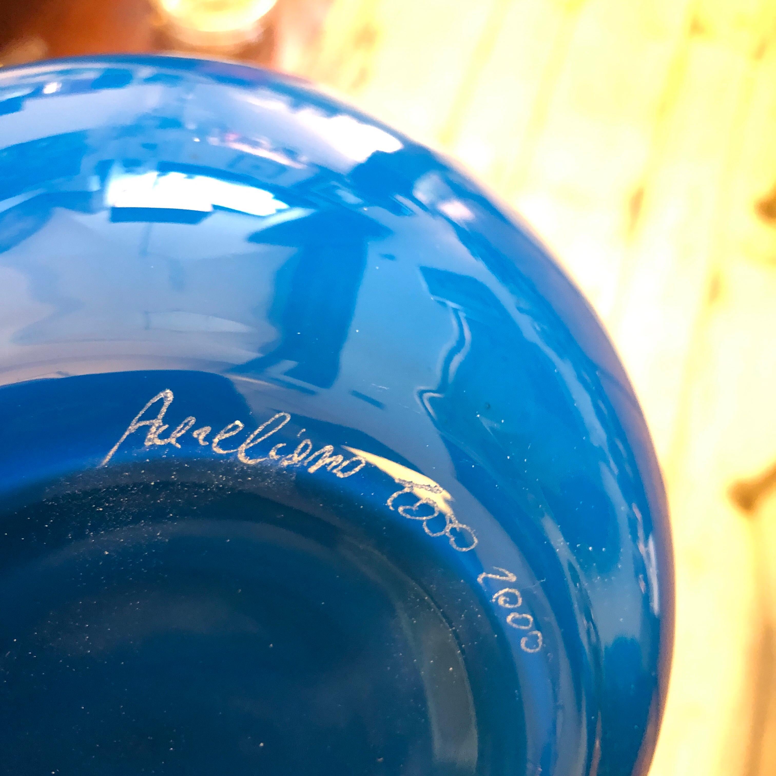 Contemporary Pair of Aureliano Toso Vintage Blue Murano Glass Vases, 2000