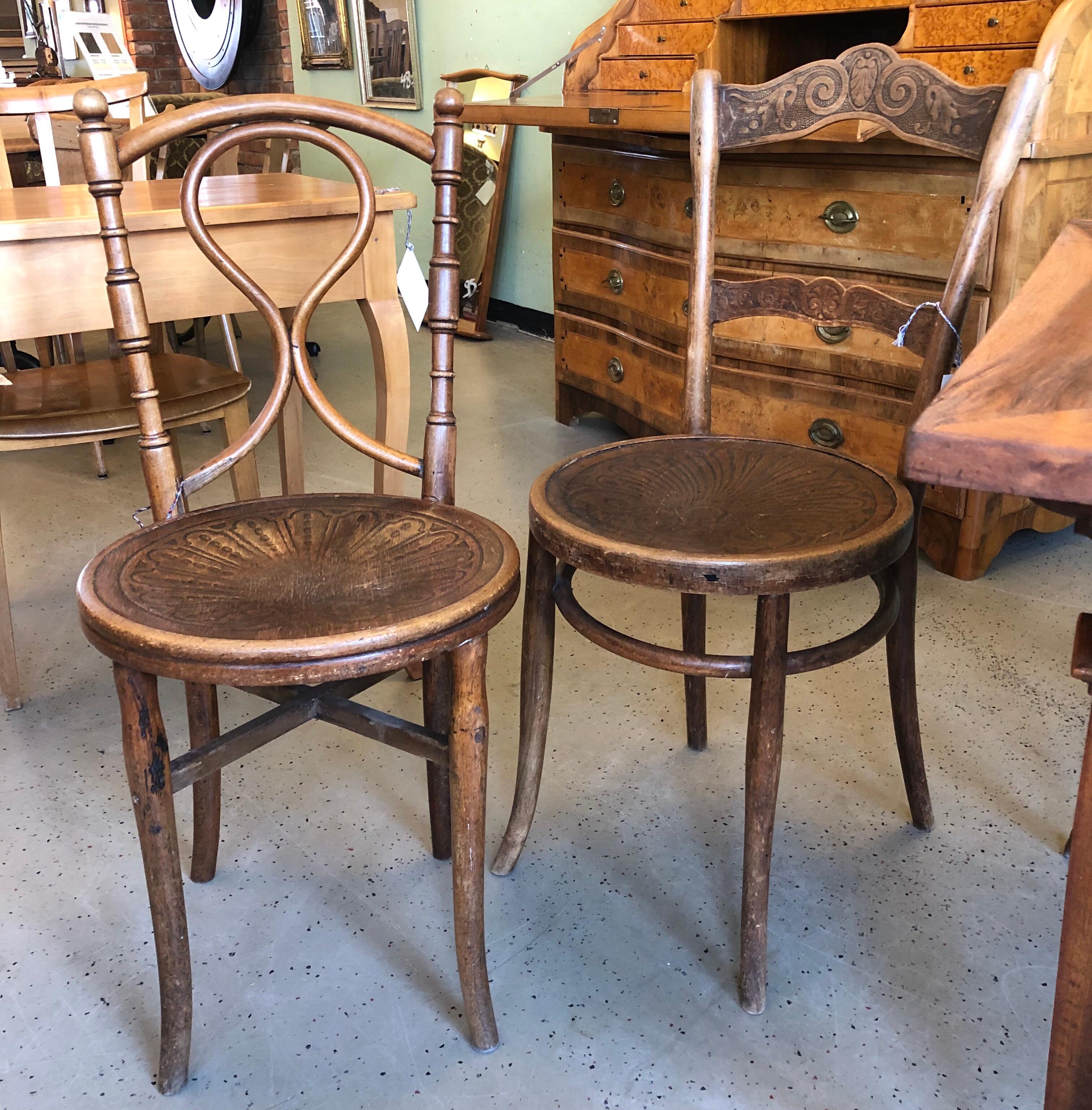 Mid-20th Century Two Austrian Authentic Bistro/Caffe Bentwood Patterned Seat Wooden Chairs