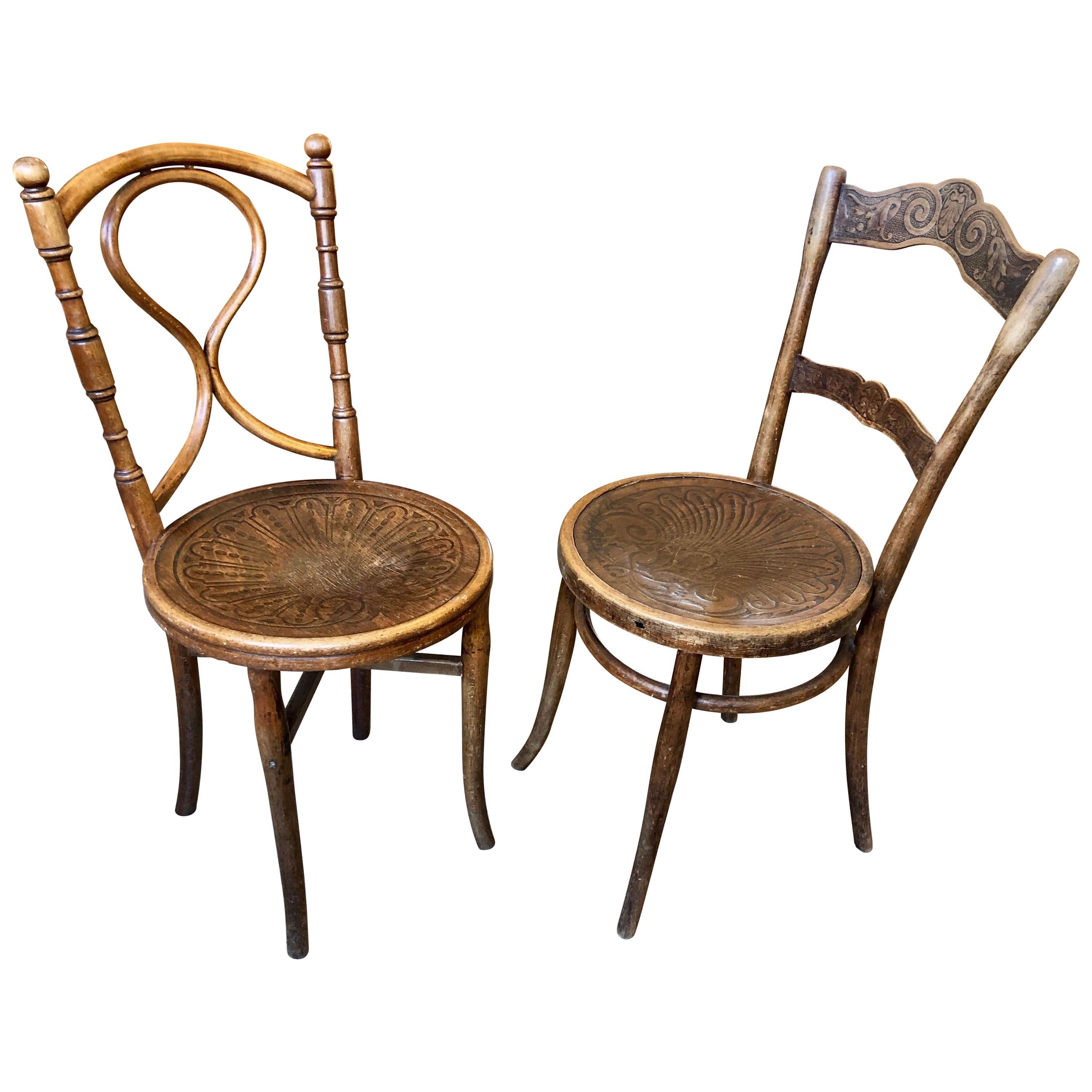 Two Austrian Authentic Bistro/Caffe Bentwood Patterned Seat Wooden Chairs