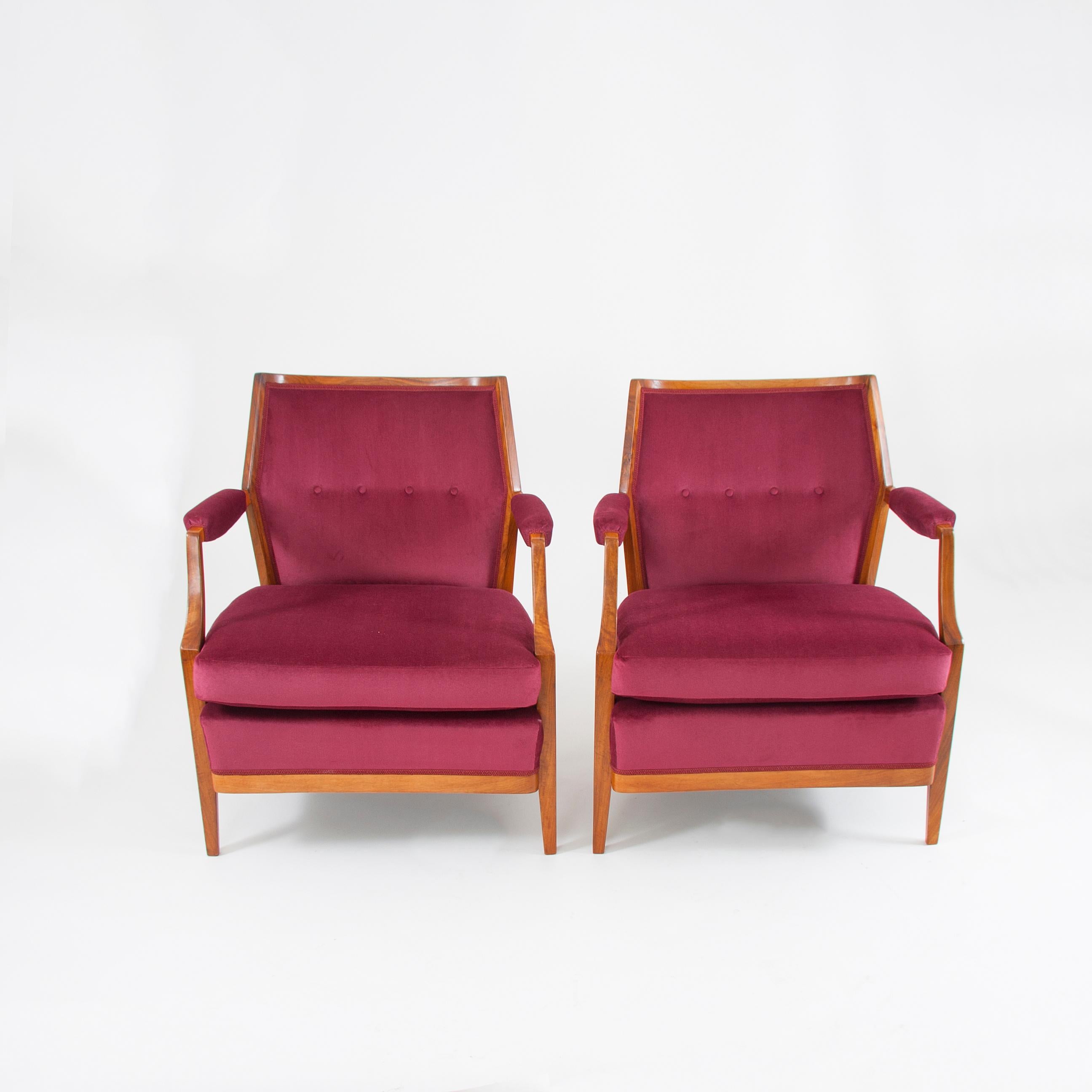 One Austrian Midcentury Walnut Embassy Club Chairs, Velvet Upholstery, 1950s 9