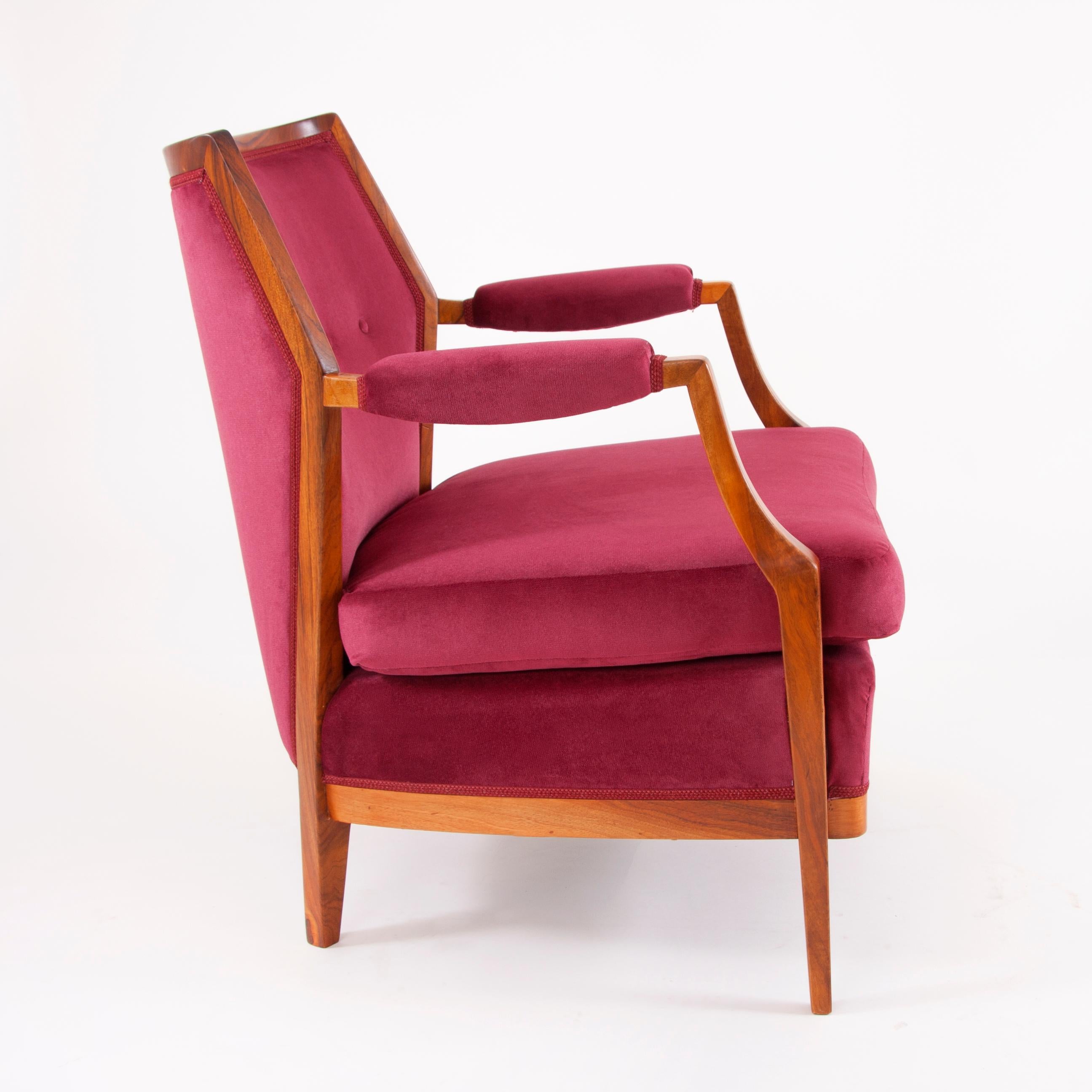 Mid-Century Modern One Austrian Midcentury Walnut Embassy Club Chairs, Velvet Upholstery, 1950s