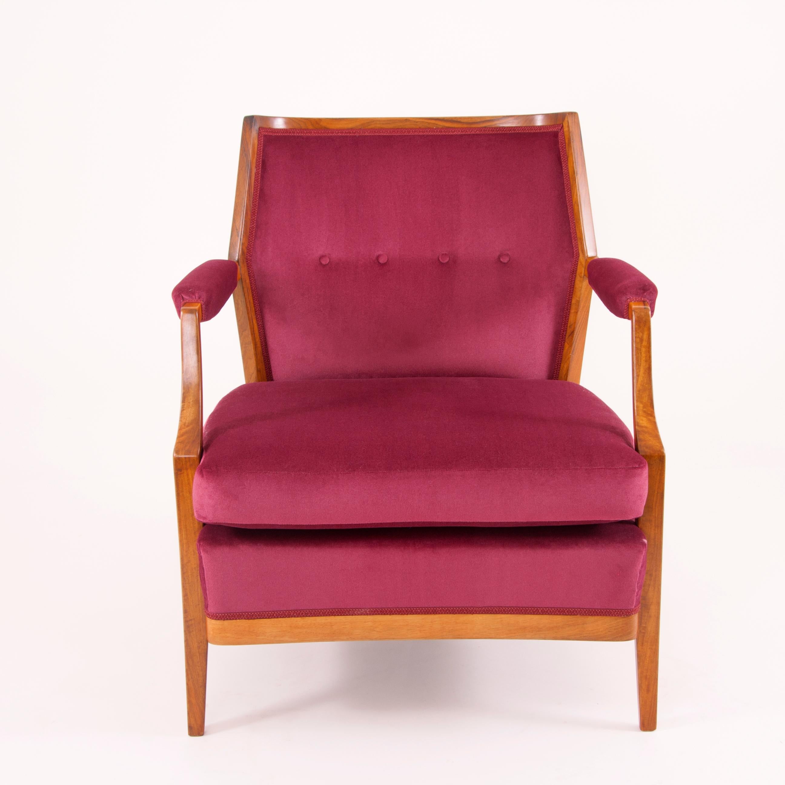 One Austrian Midcentury Walnut Embassy Club Chairs, Velvet Upholstery, 1950s 1