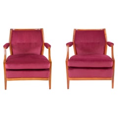 One Austrian Midcentury Walnut Embassy Club Chairs, Velvet Upholstery, 1950s