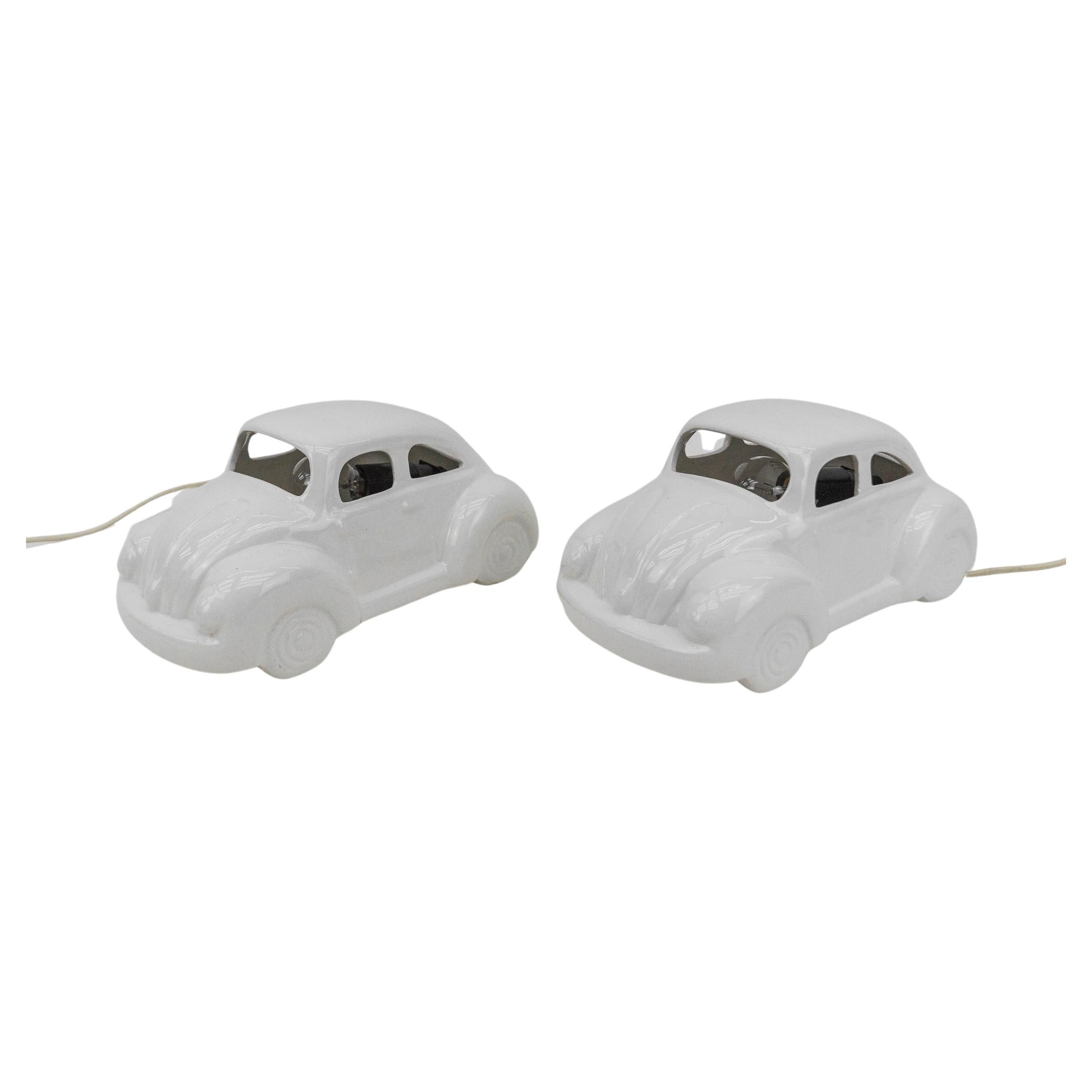 Two Awesome VW Beetle Ceramic Table Lamps, 1960s Germany