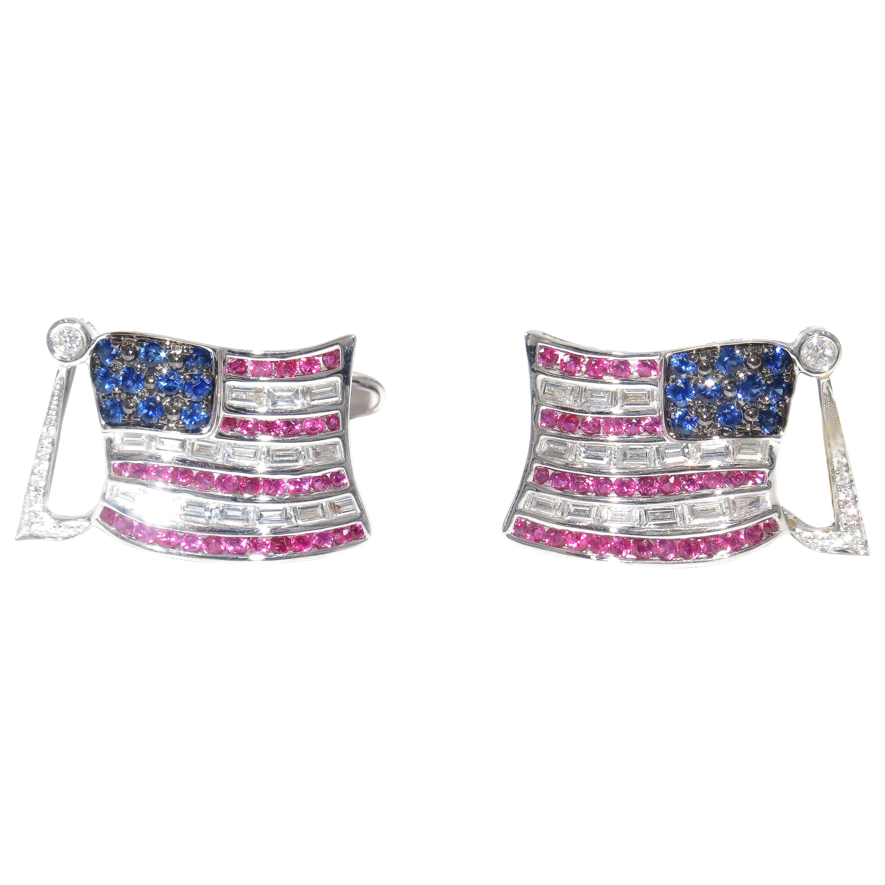 Two Baguette and Black Diamond Sapphire and Ruby American Flag Cuff Links