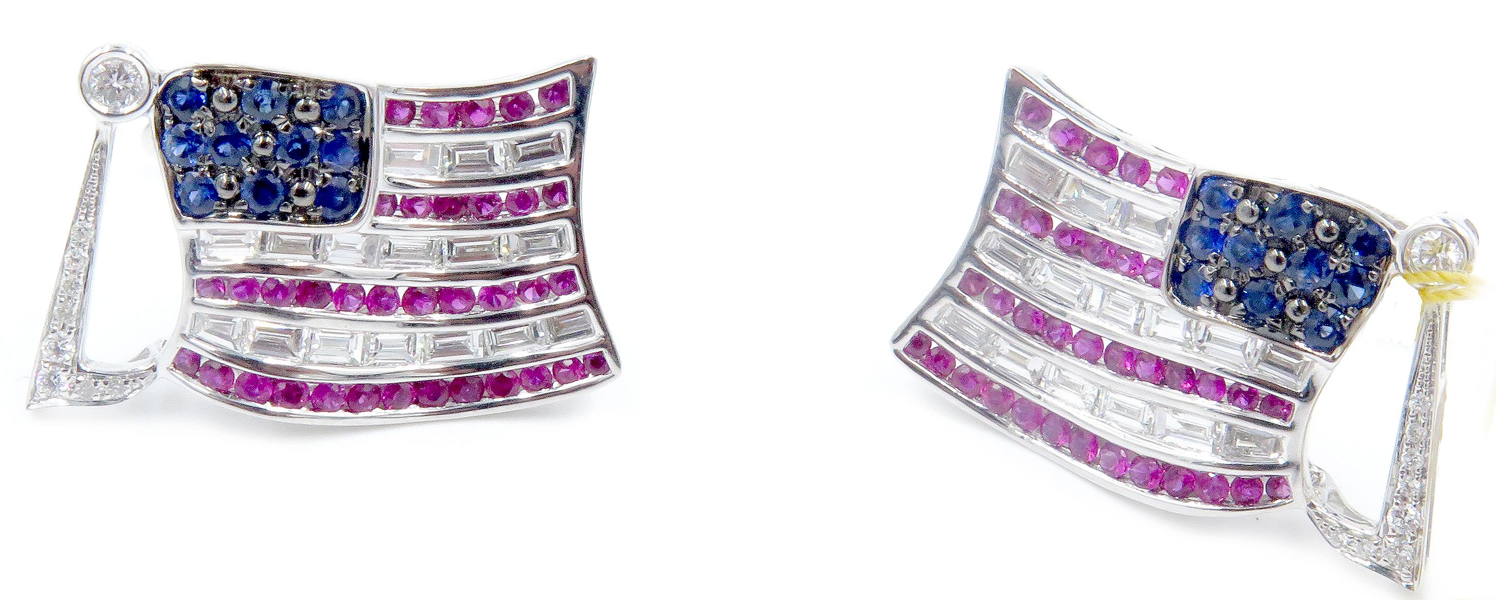 Baguette Cut Very Fine Sapphire Ruby and Diamond American Flag Cufflinks Patriotic  For Sale