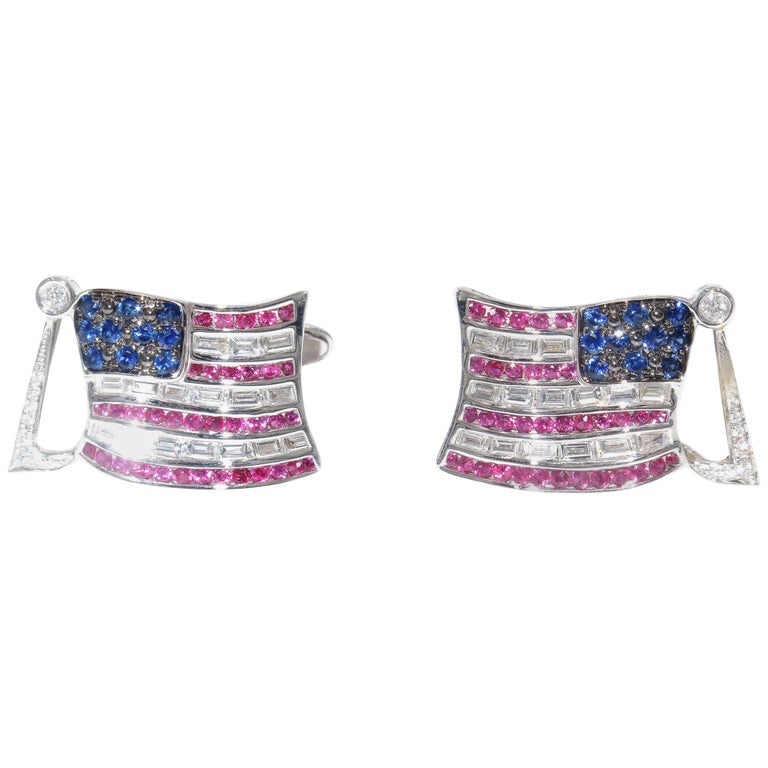 Very Fine Sapphire Ruby and Diamond American Flag Cufflinks Patriotic  For Sale