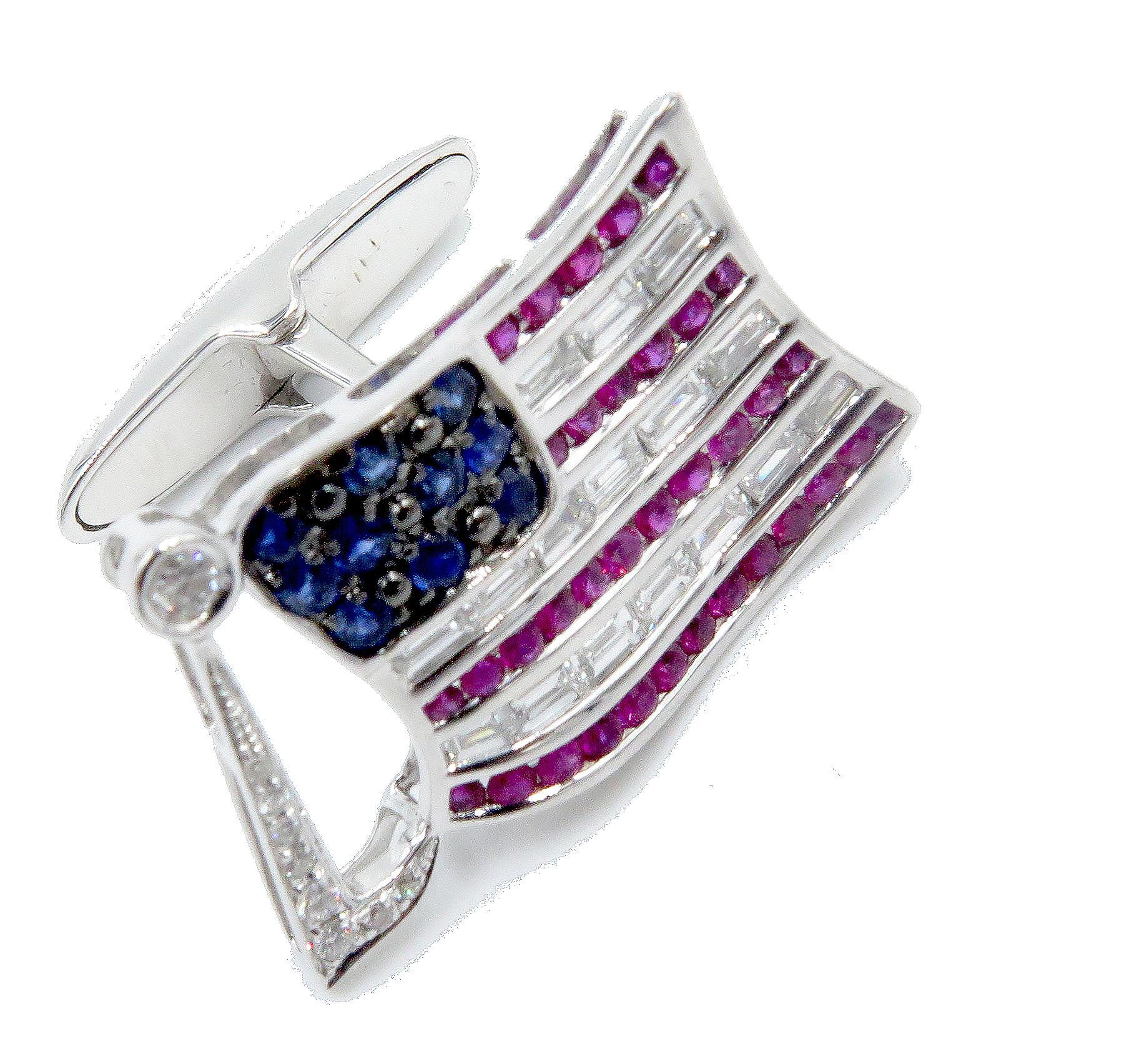 Baguette Cut Two Baguette and Black Diamond Sapphire and Ruby American Flag Cuff Links