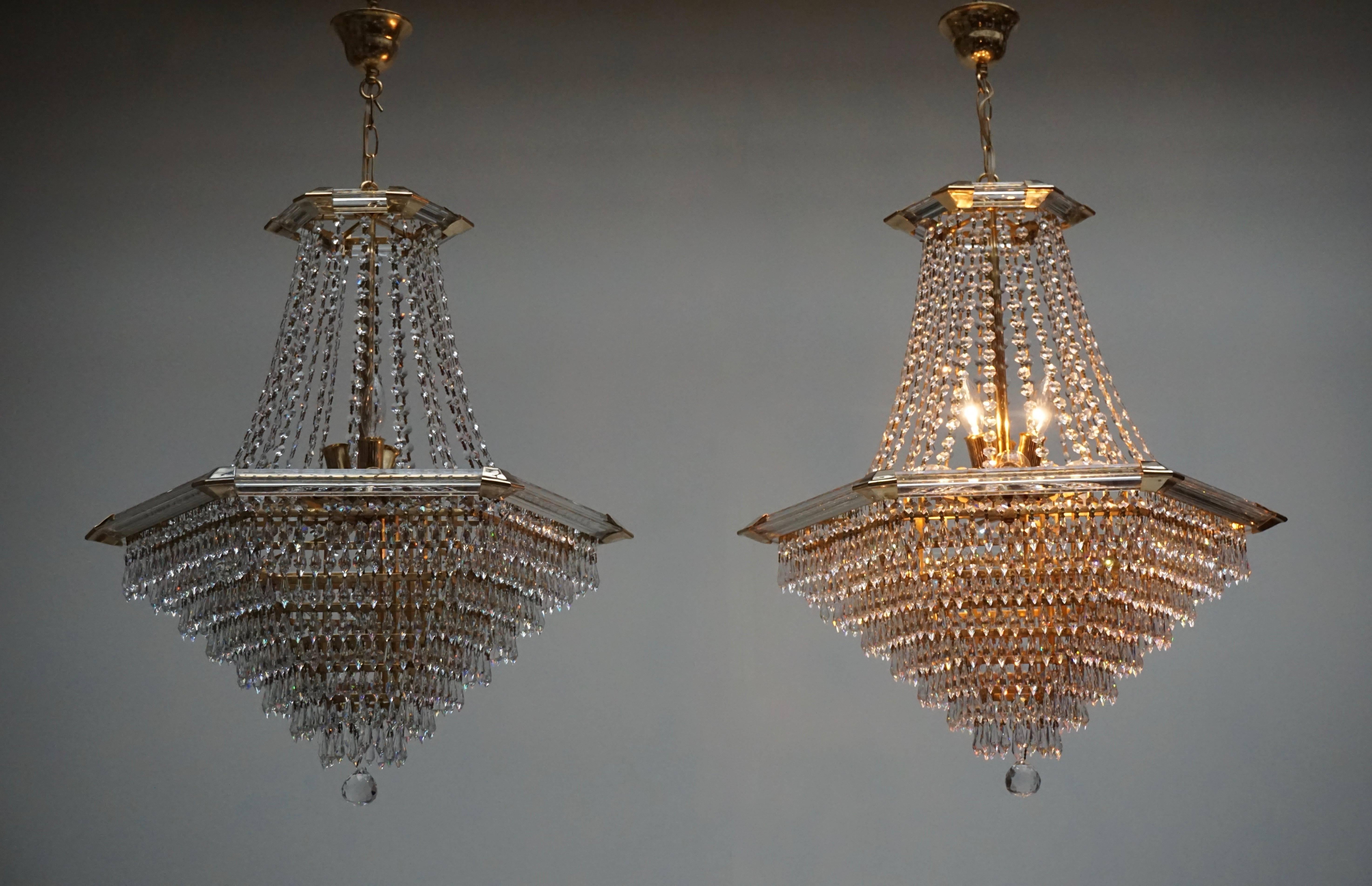 20th Century Two Bakalowits Chandeliers, Crystal Glass and Gilt Brass, Austria, 1960s