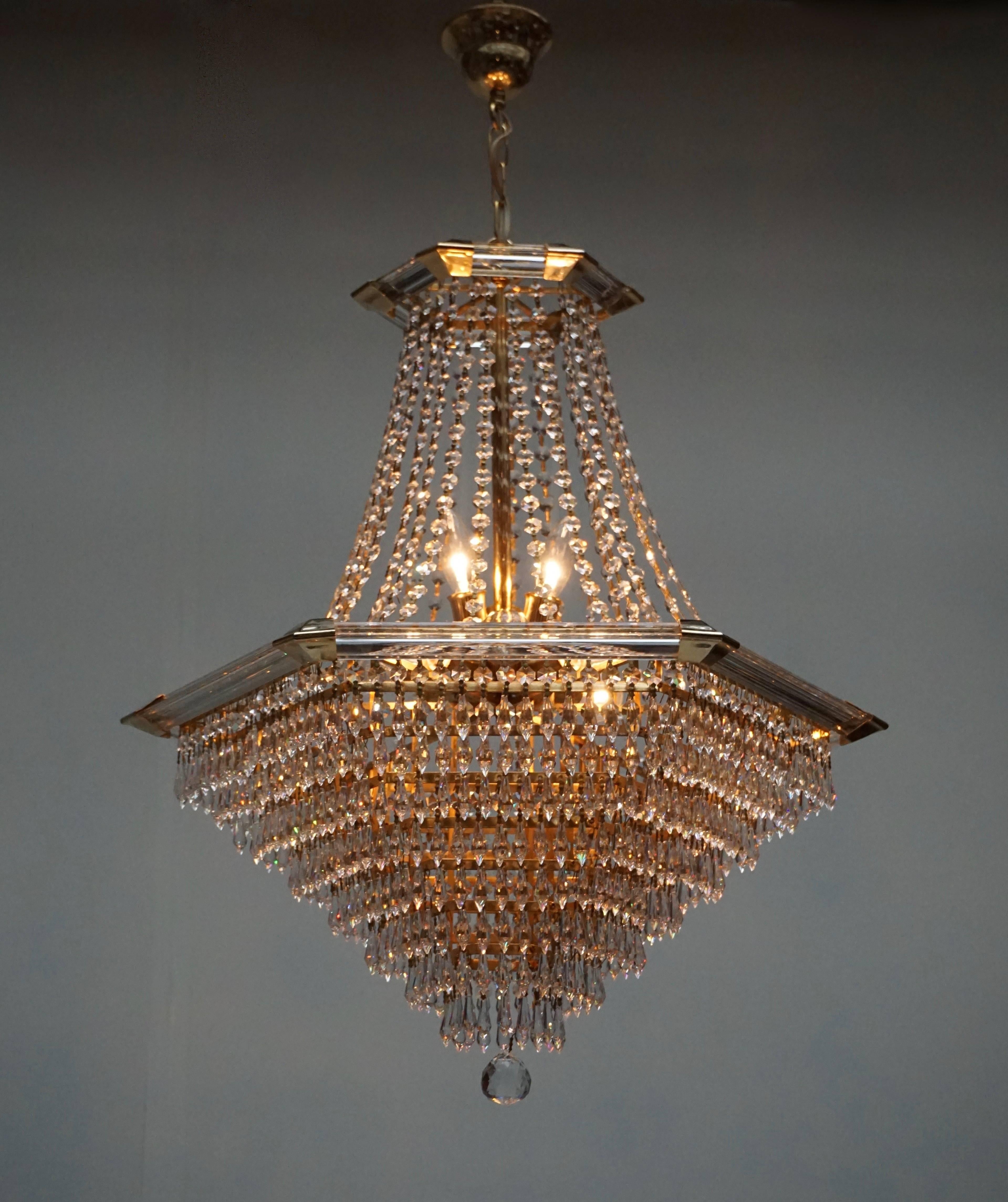 Gold Plate Two Bakalowits Chandeliers, Crystal Glass and Gilt Brass, Austria, 1960s