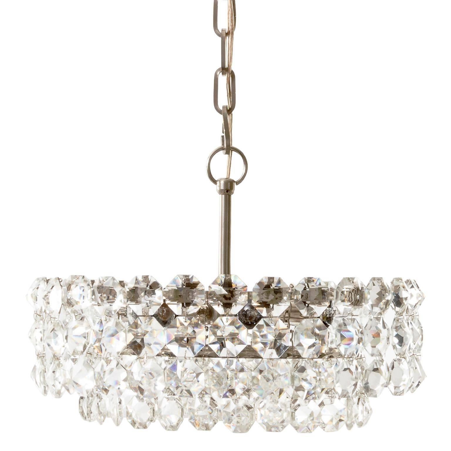 Mid-20th Century One of Two Bakalowits Chandeliers Pendant Lights, Nickel Glass, 1960s For Sale