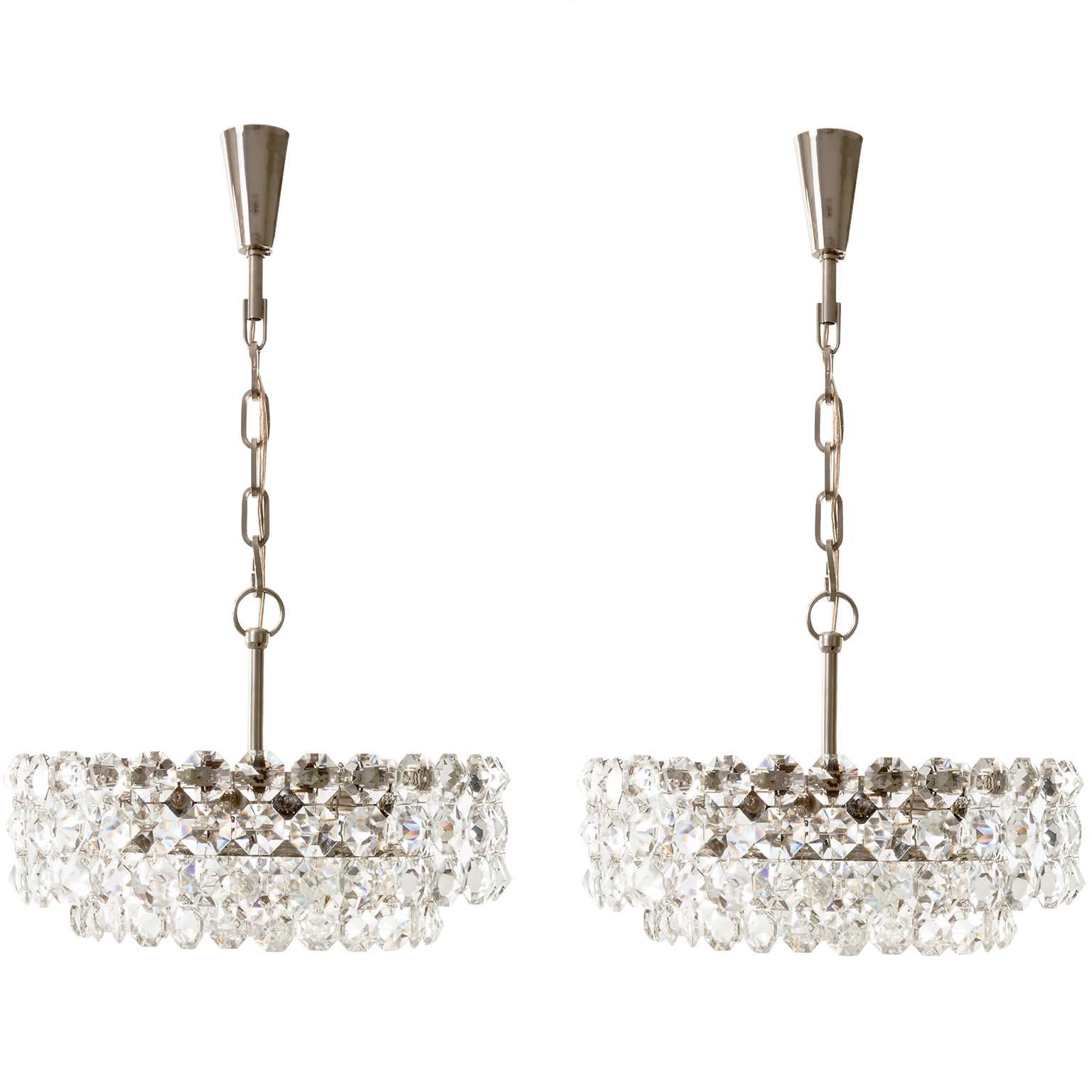 One of Two Bakalowits Chandeliers Pendant Lights, Nickel Glass, 1960s