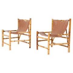 Two Bamboo Mid-Century Modern Lounge Chairs with Leather Upholstery, 1970s