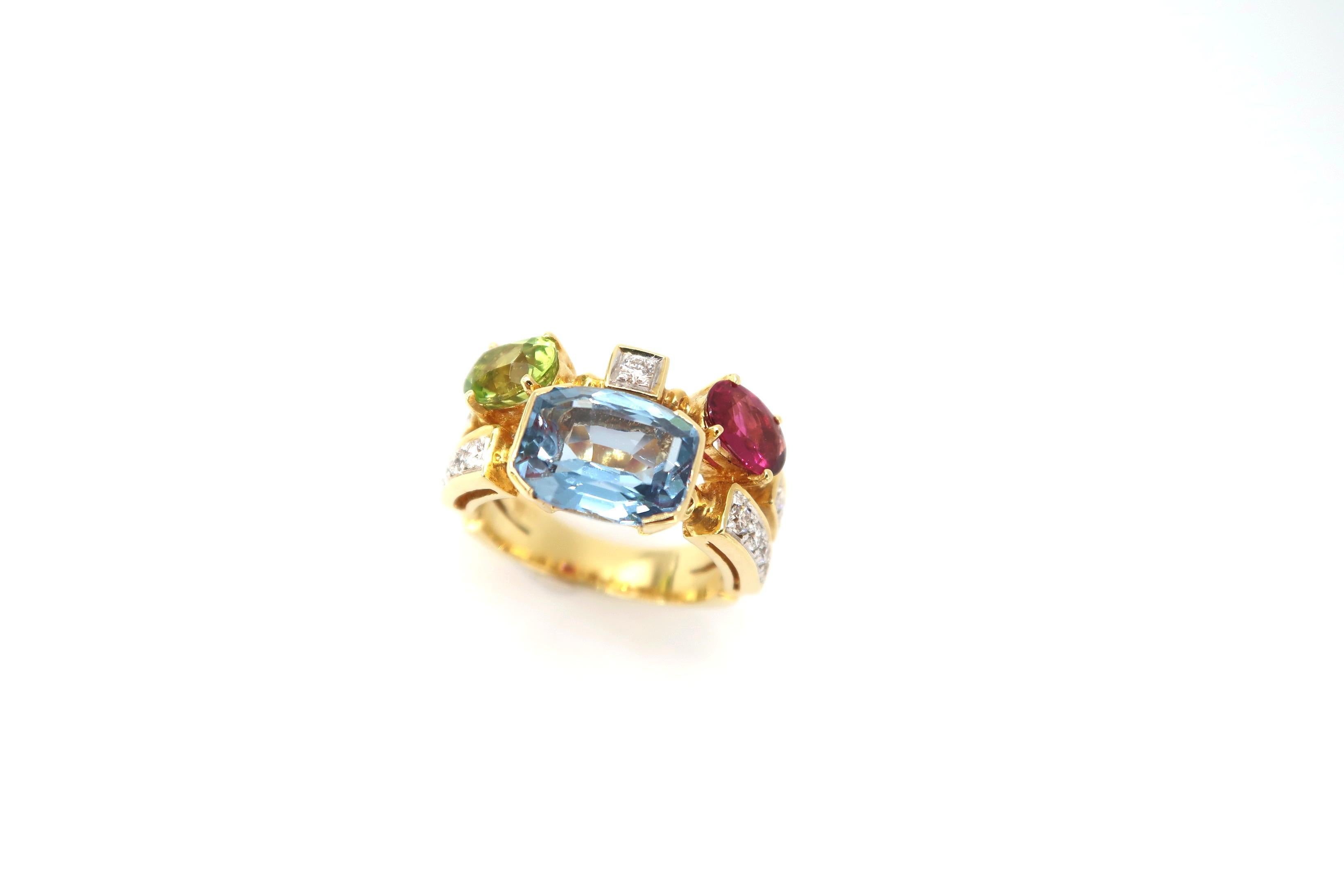 2 Band Blue Topaz, Pink Tourmaline and Peridot Ring with Diamond in 18K Gold

Should you wish to have the ring resized, please kindly let us know upon checkout.

Ring Size : US6, 52

Diamond : 0.96ct.
Blue Topaz, Pink Tourmaline and Peridot :