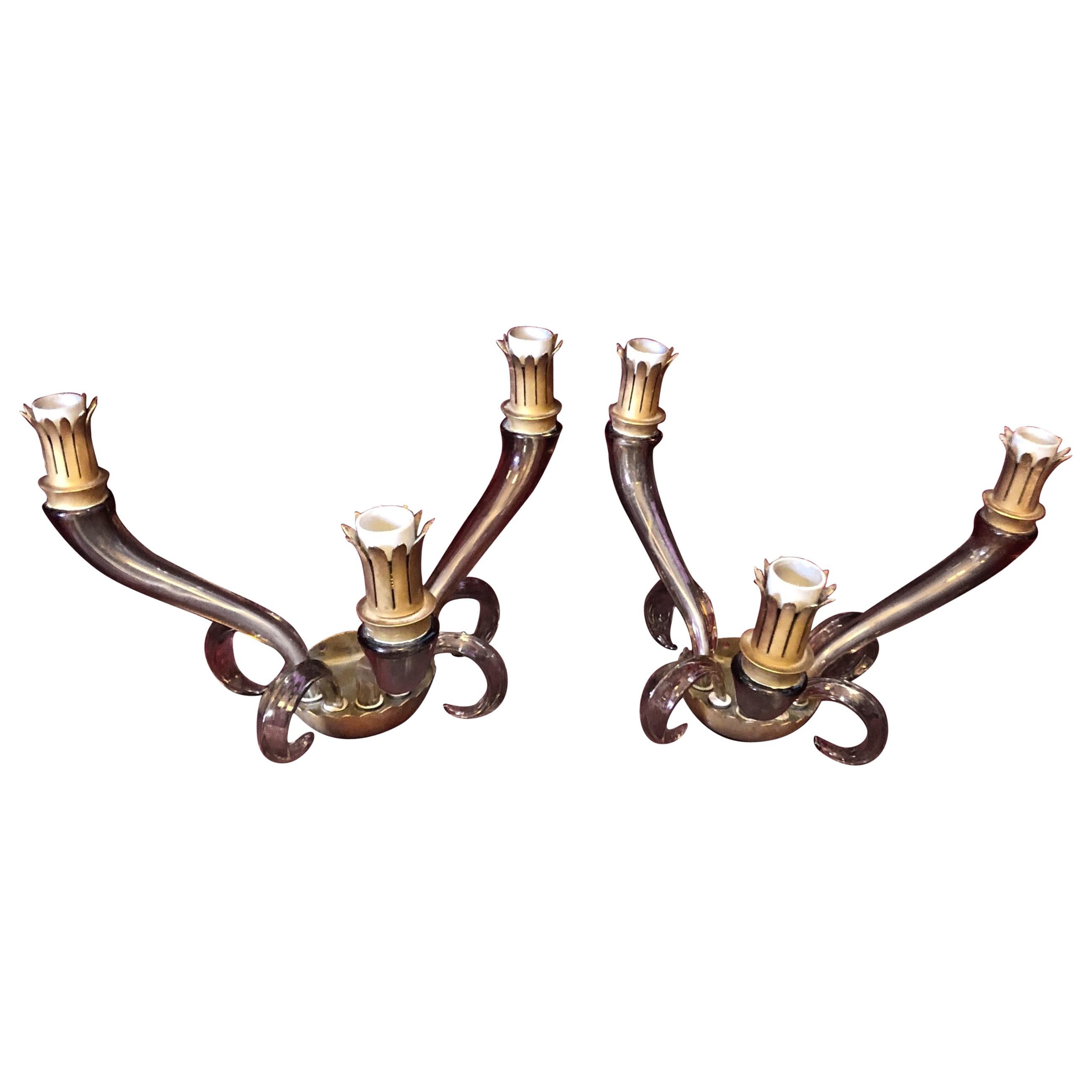 Two 1960s Barovier Seguso and Ferro Brown Murano Glass and Brass Wall Sconces