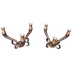 Two Barovier Mid-Century Modern Italian Two Murano Glass and Brass Wall Sconces