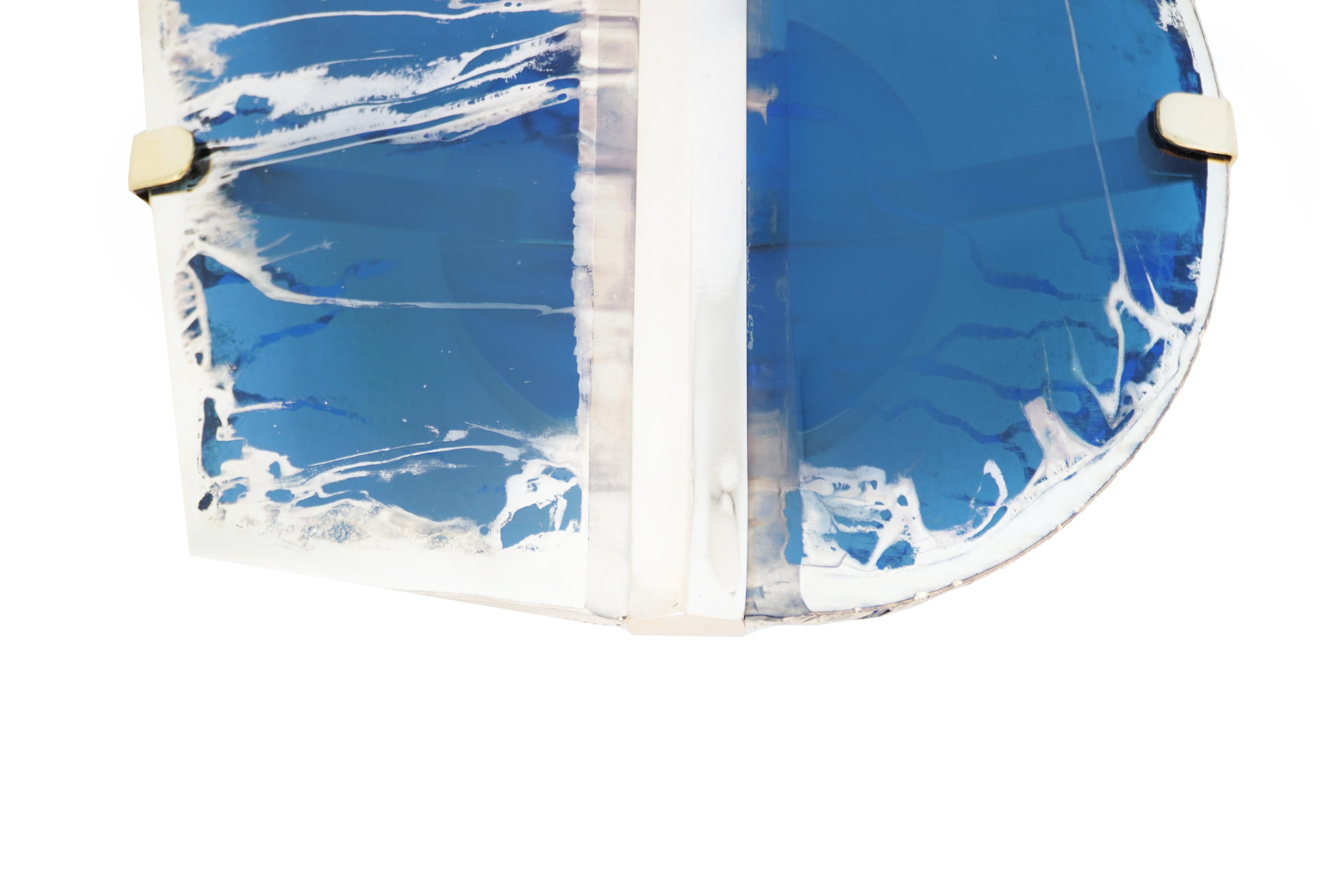 Modern “Two Be” Contemporary Wall Sconce, Art Silvered Blue Glass, Cast Melted Brass For Sale