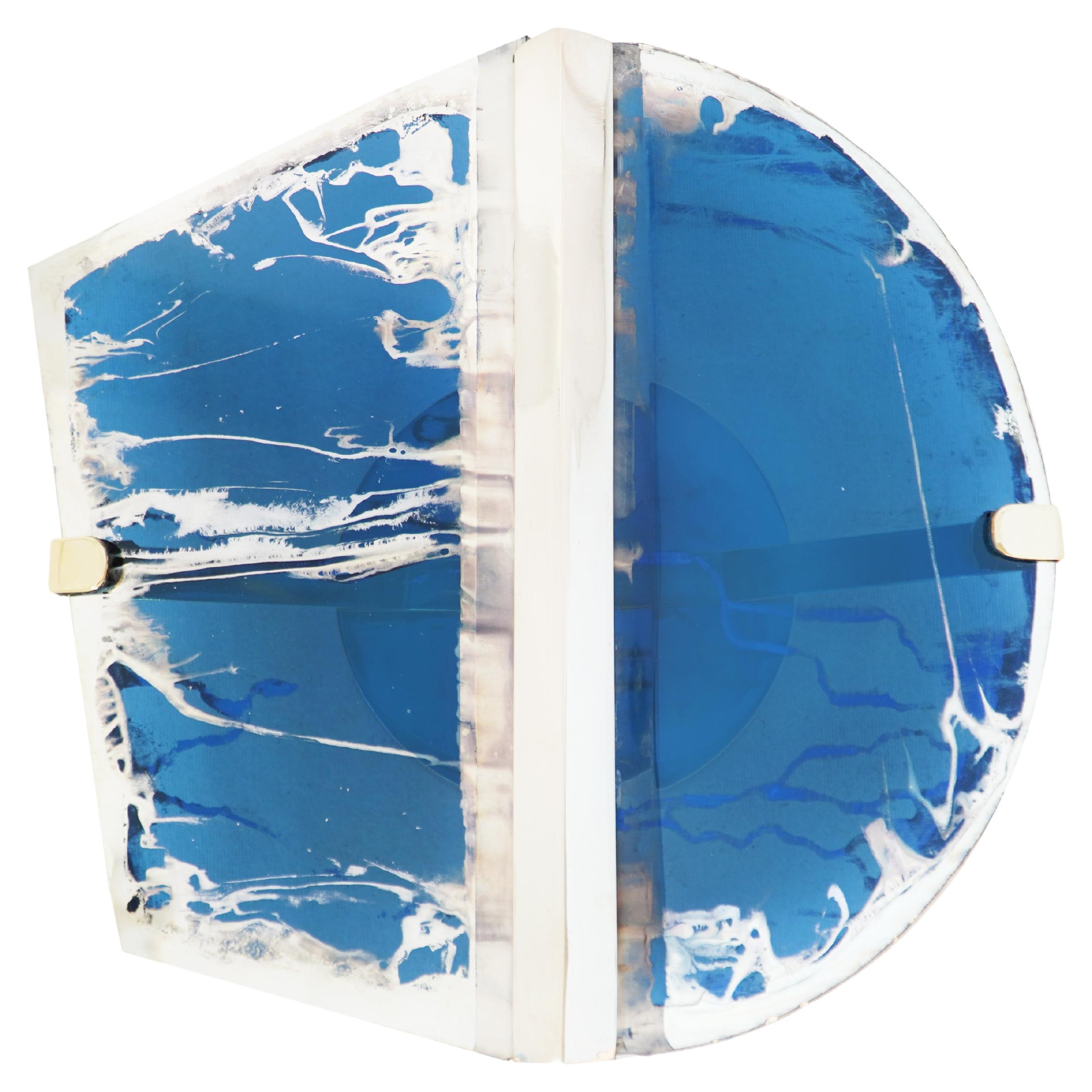 “Two Be” Contemporary Wall Sconce, Art Silvered Blue Glass, Cast Melted Brass