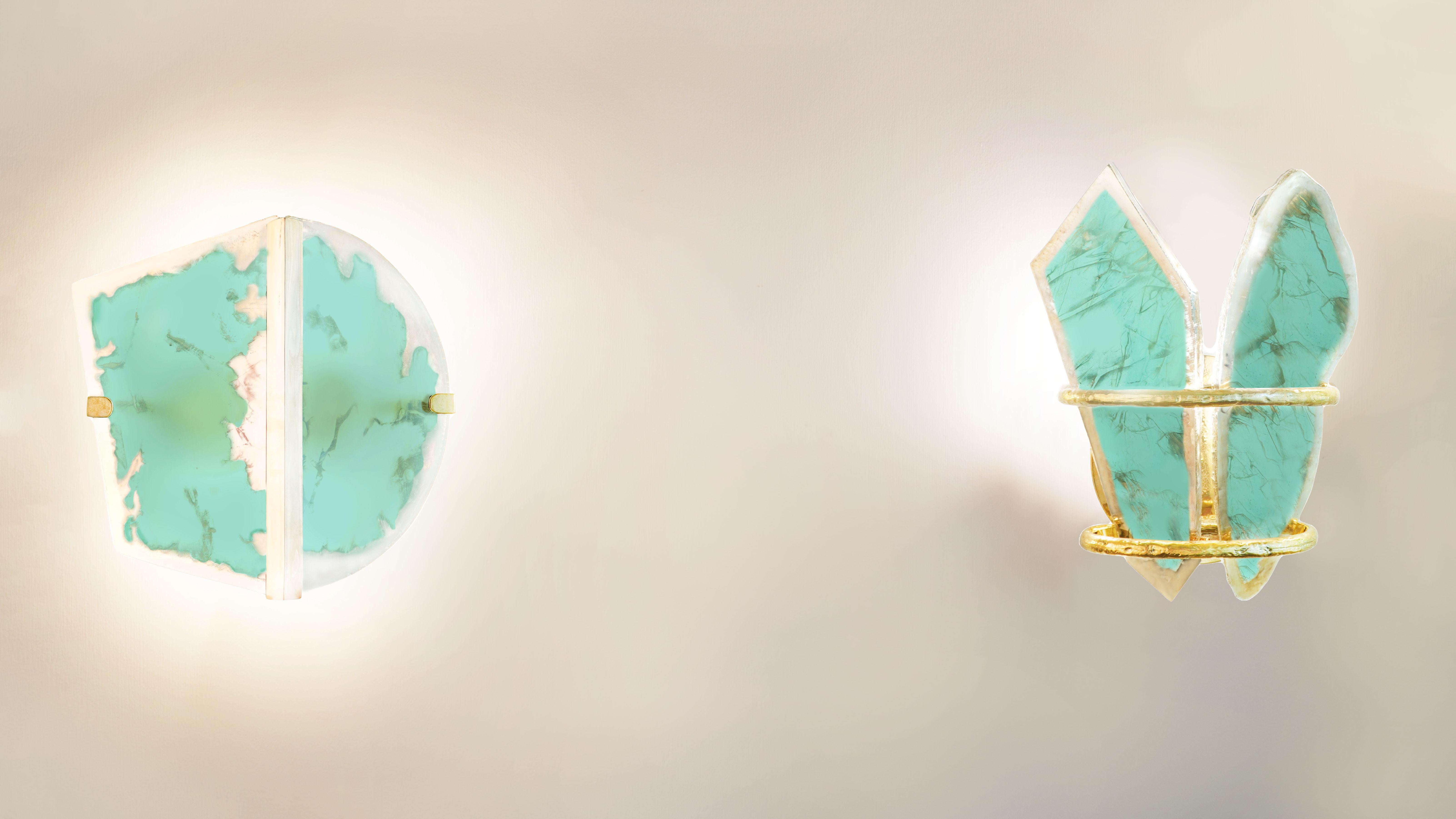 italien Deux Be Contemporary Appliques Murales, Verre d'Art Jade Argenté, Laiton Melté
