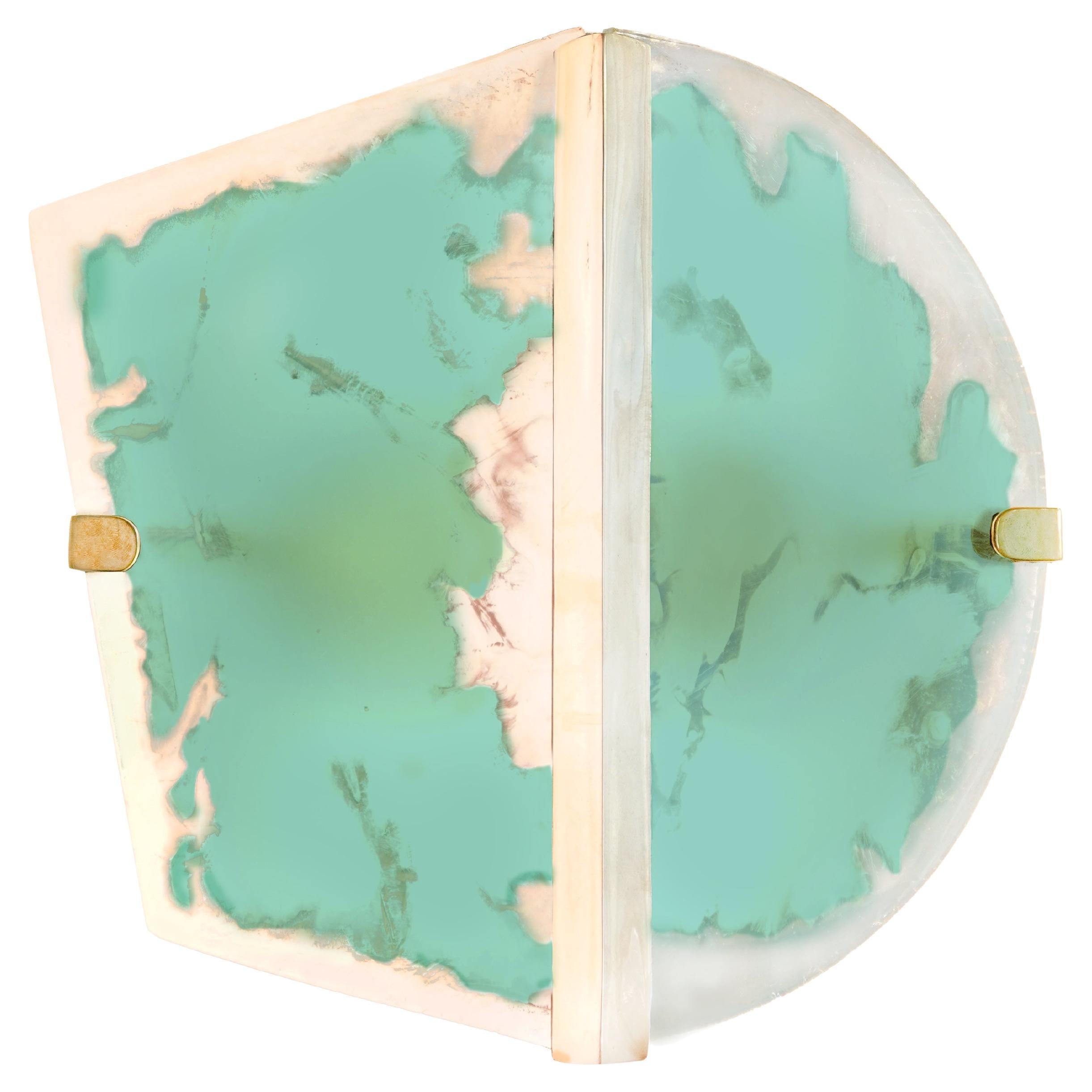“Two Be” Contemporary Wall Sconce, Jade Art Silvered Glass, Cast Melted Brass