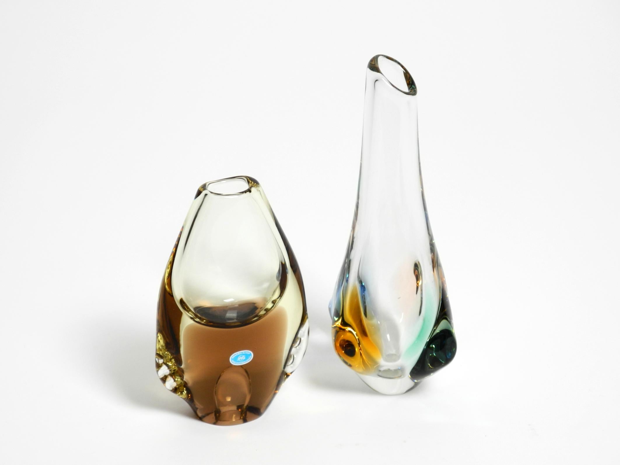 Two beautiful glass vases by Czech glass designer Miroslav Klinger from the 1960s.
Manufacturer: Bohemia Glass Zelenzy Brod Sklo Union. Made in the Czech Republic.
Great, high-quality mid-century design.
Both vases are in immaculate condition