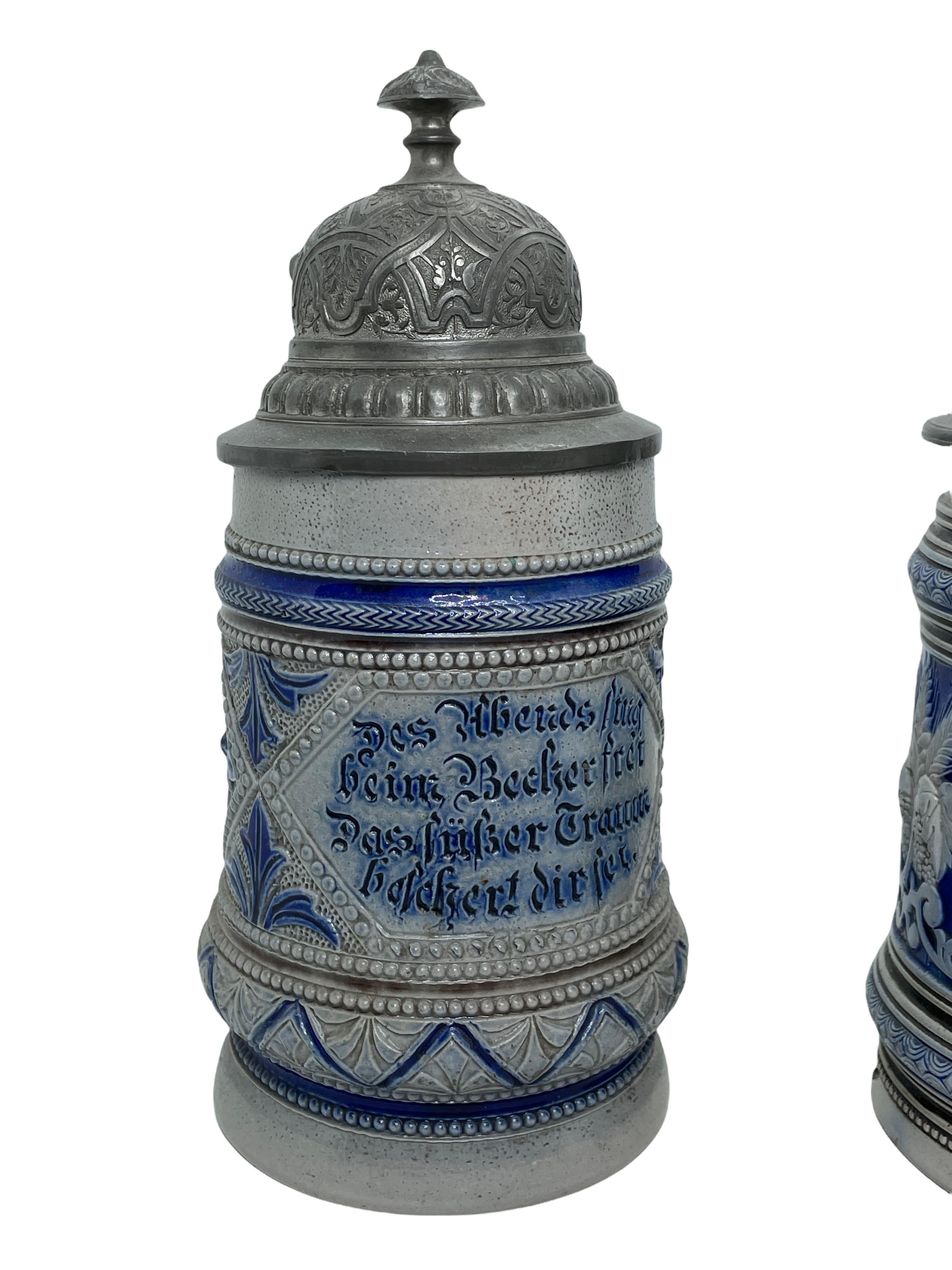 Hand-Crafted Two Beautiful Antique Germany Lidded Beer Stein Westerwald Salt Glazed, 1900s