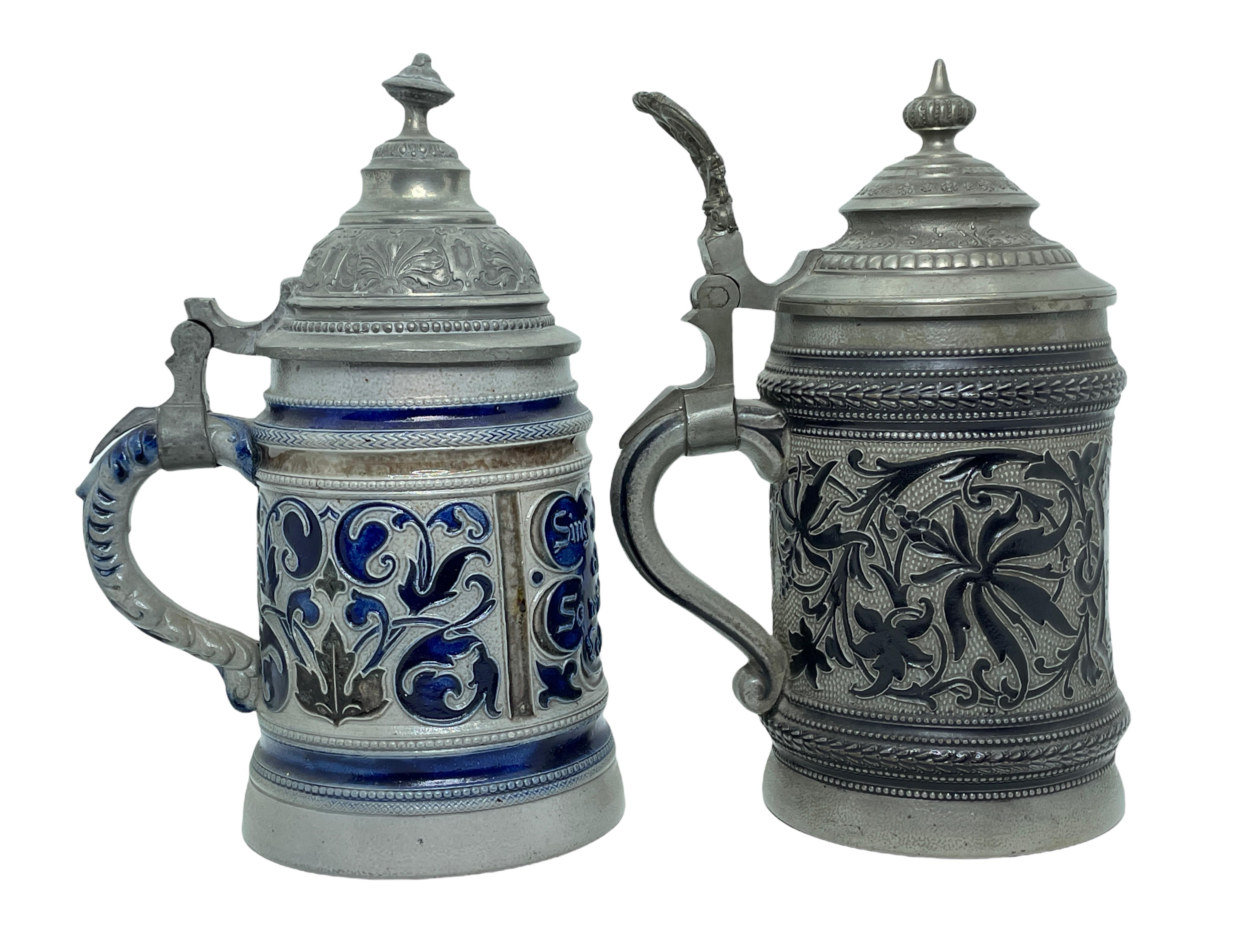 Hand-Crafted Two Beautiful Antique Germany Lidded Beer Stein Westerwald Salt Glazed, 1900s