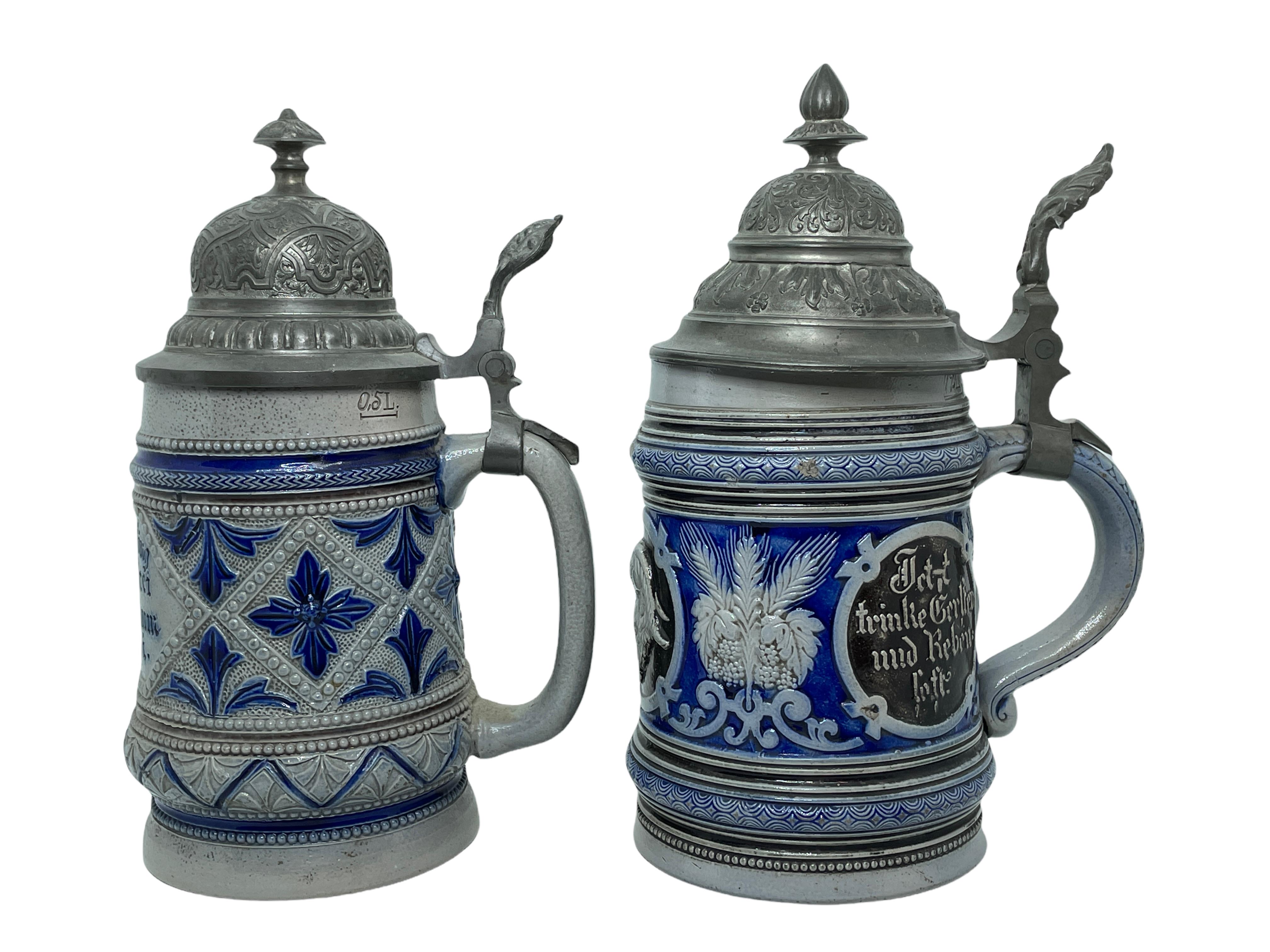 Early 20th Century Two Beautiful Antique Germany Lidded Beer Stein Westerwald Salt Glazed, 1900s