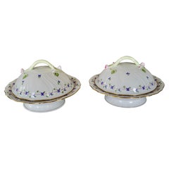 Two beautiful HEREND "Blue Garland" Vegetables Tureens on stand with branch hand