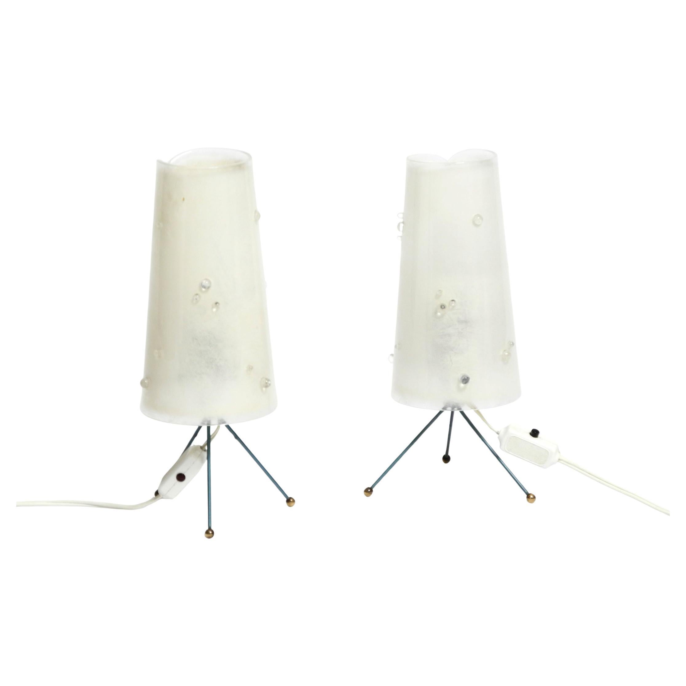 Two beautiful Mid Century Modern tripod table lamps with white plexiglass shades