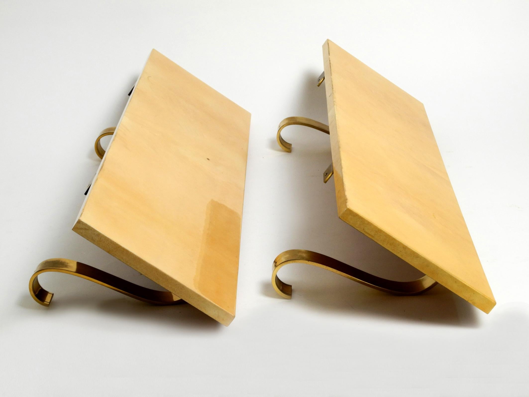 Mid-20th Century Two Beautiful, Very Rare 1960s Large Aldo Tura Shelves Made of Wood and Goatskin For Sale