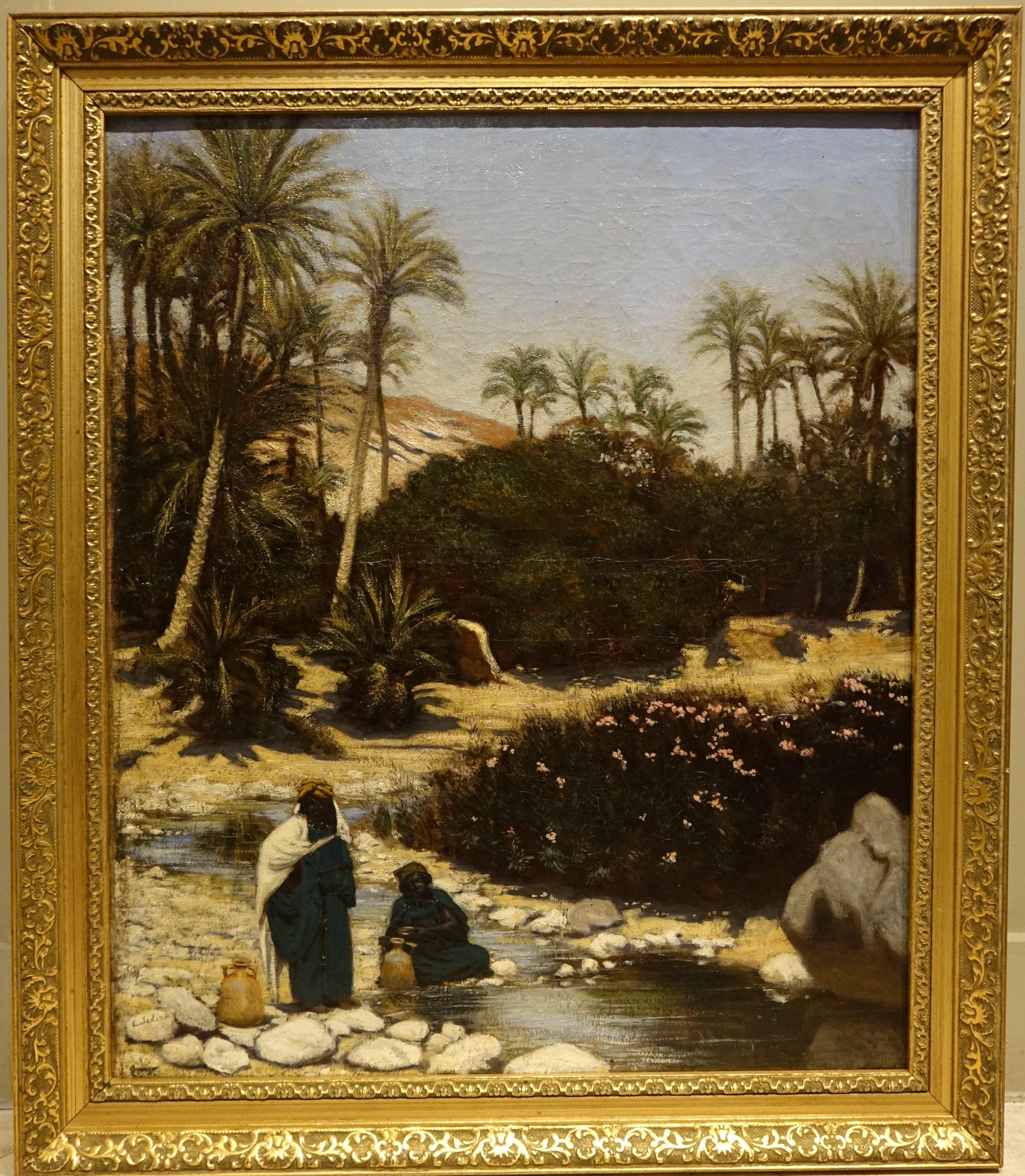 Two Bedouins at the bank of a wadi, probably in Algeria. 
Oil on canvas signed lower left JADIN.,72 
Charles Emmanuel JADIN, painter born in Paris in 1843, made the trip to North Africa, like many of his colleagues at the time. 
Son of Louis Jadin,