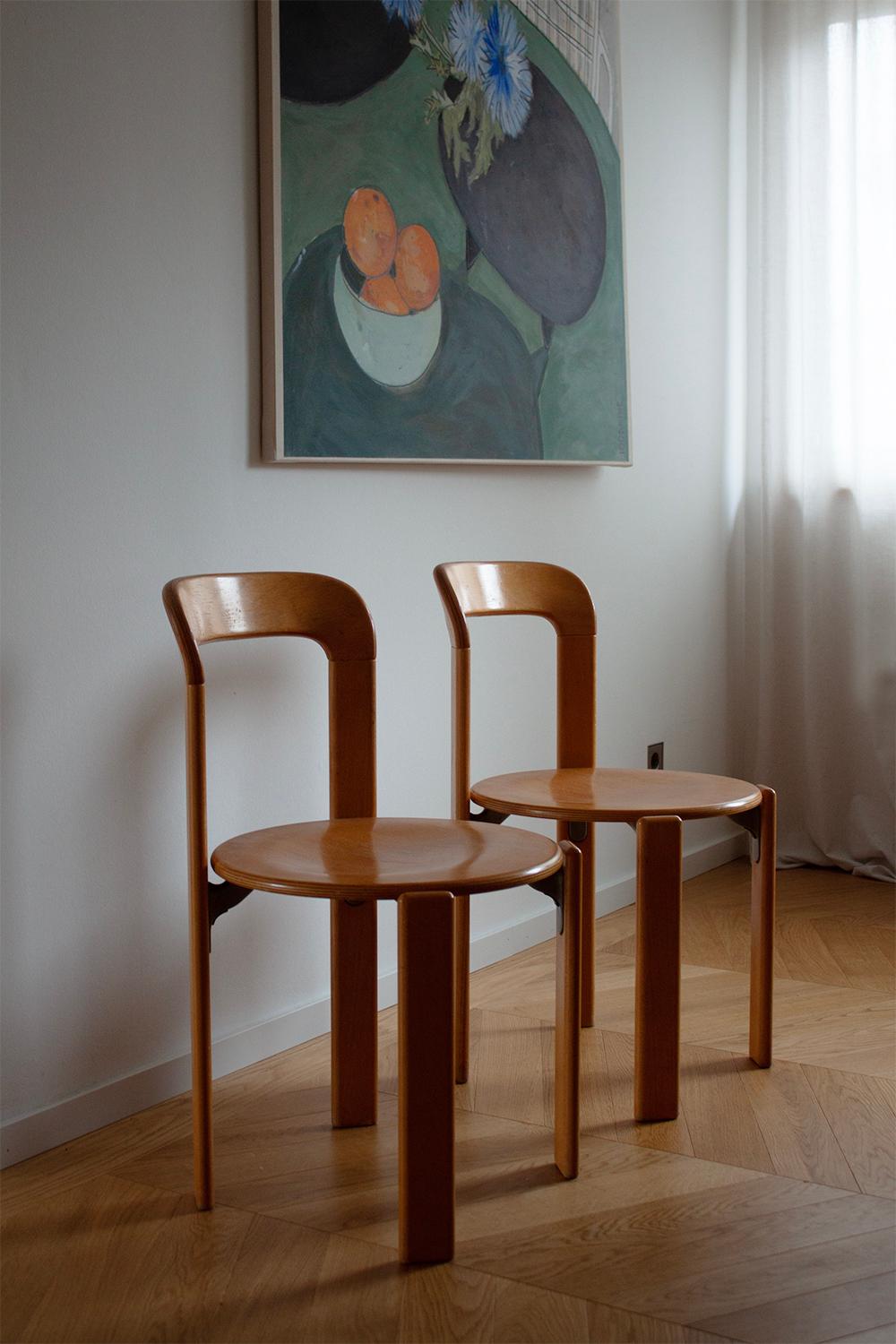 Mid-Century Modern Two Bruno Rey Chairs in Beech Wood circa 1970 by Dietiker with Original Cushion