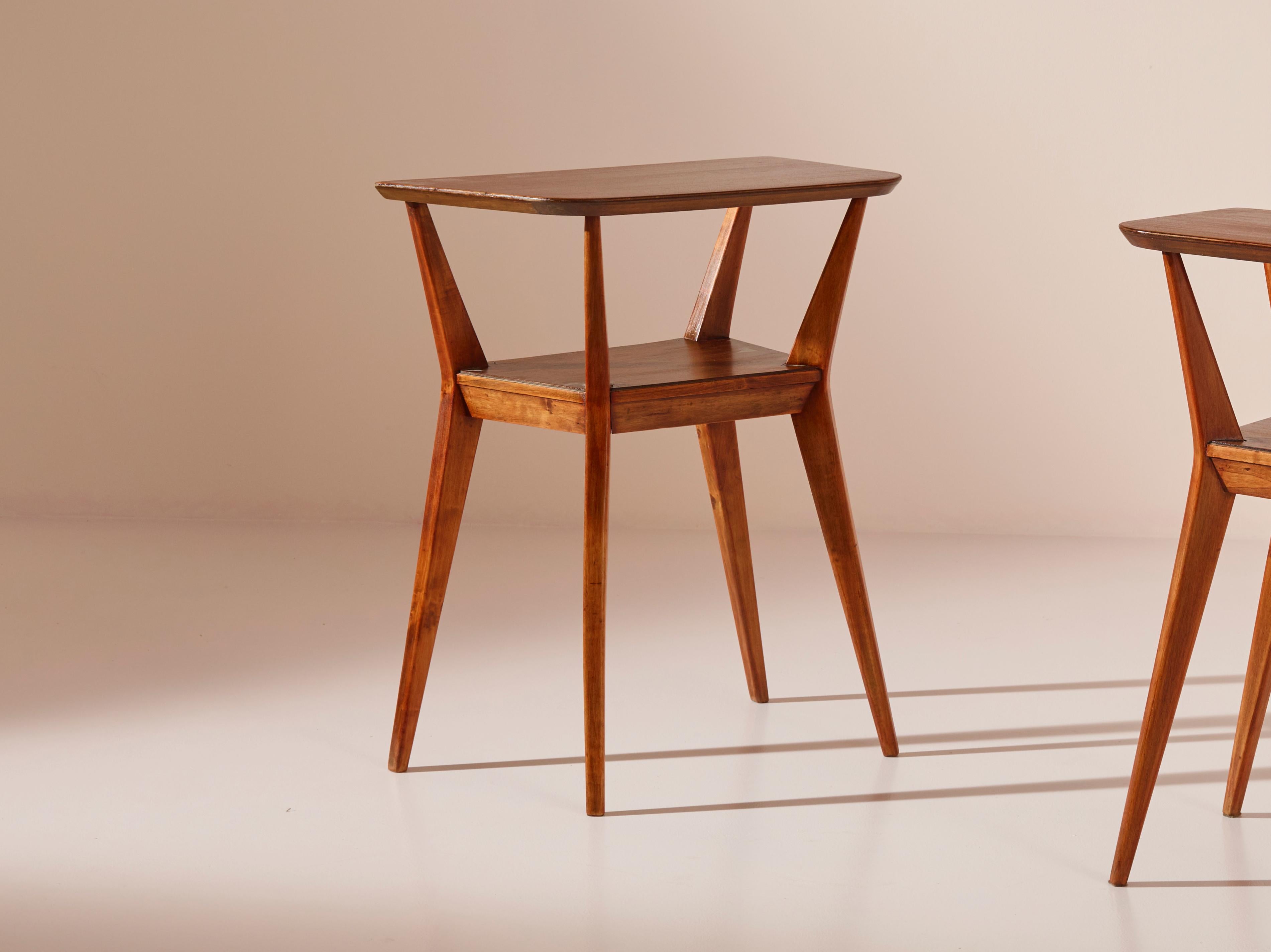 Mid-Century Modern Two Beechwood Side Tables in the Manner of Gio Ponti, Italy, 1950s