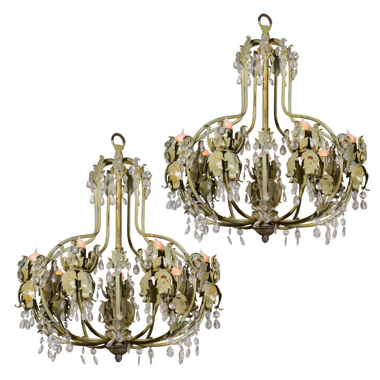 Vintage Green-Gray Painted Iron Chandelier 4