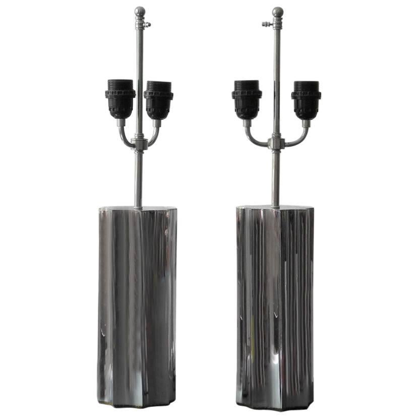 Two Big 1960s Chrome Metal Table Lamp Bases Feet For Sale