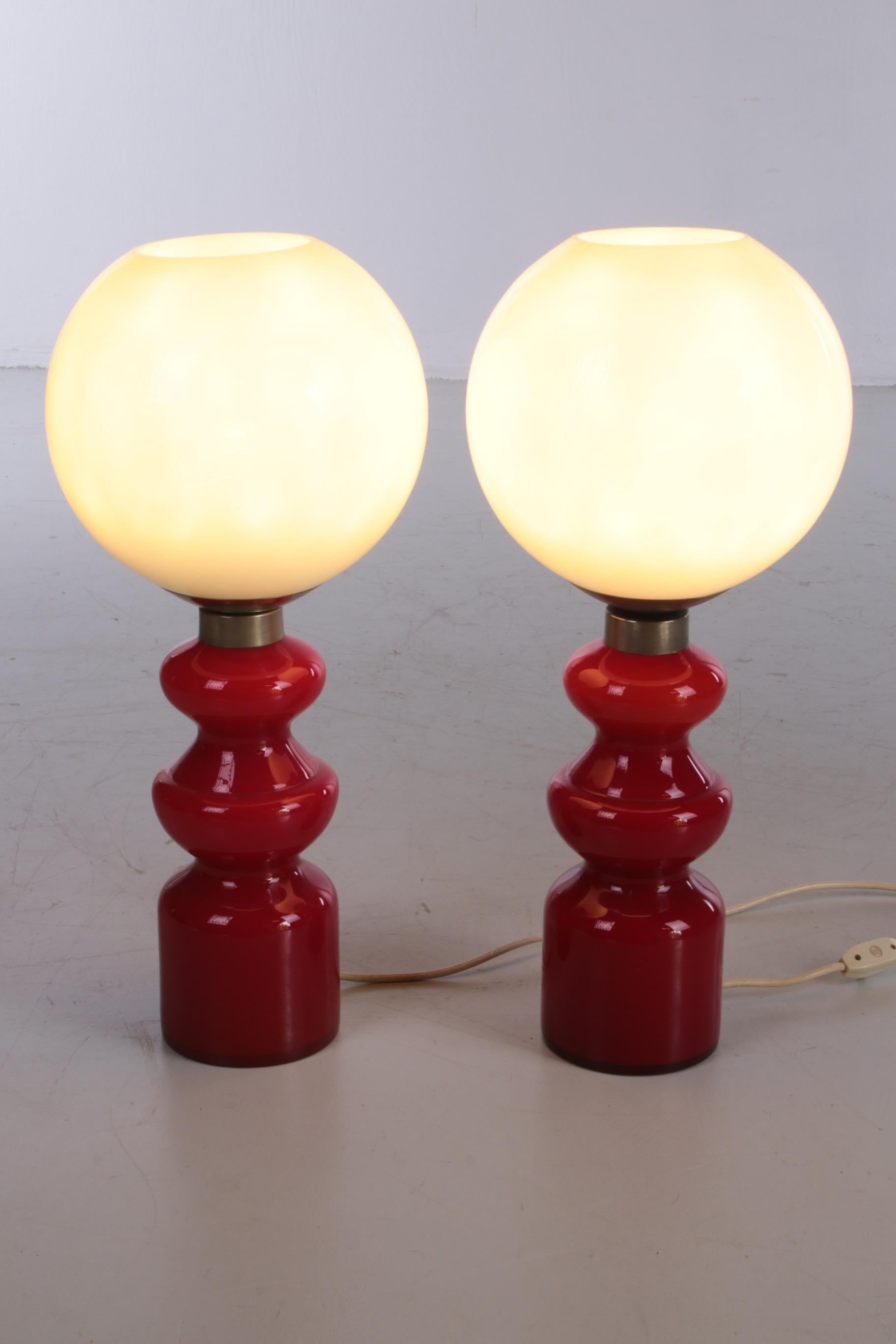 Two Big Glass Table Lamps Vintage Retro Red and White Table Lamps, 1970s 5