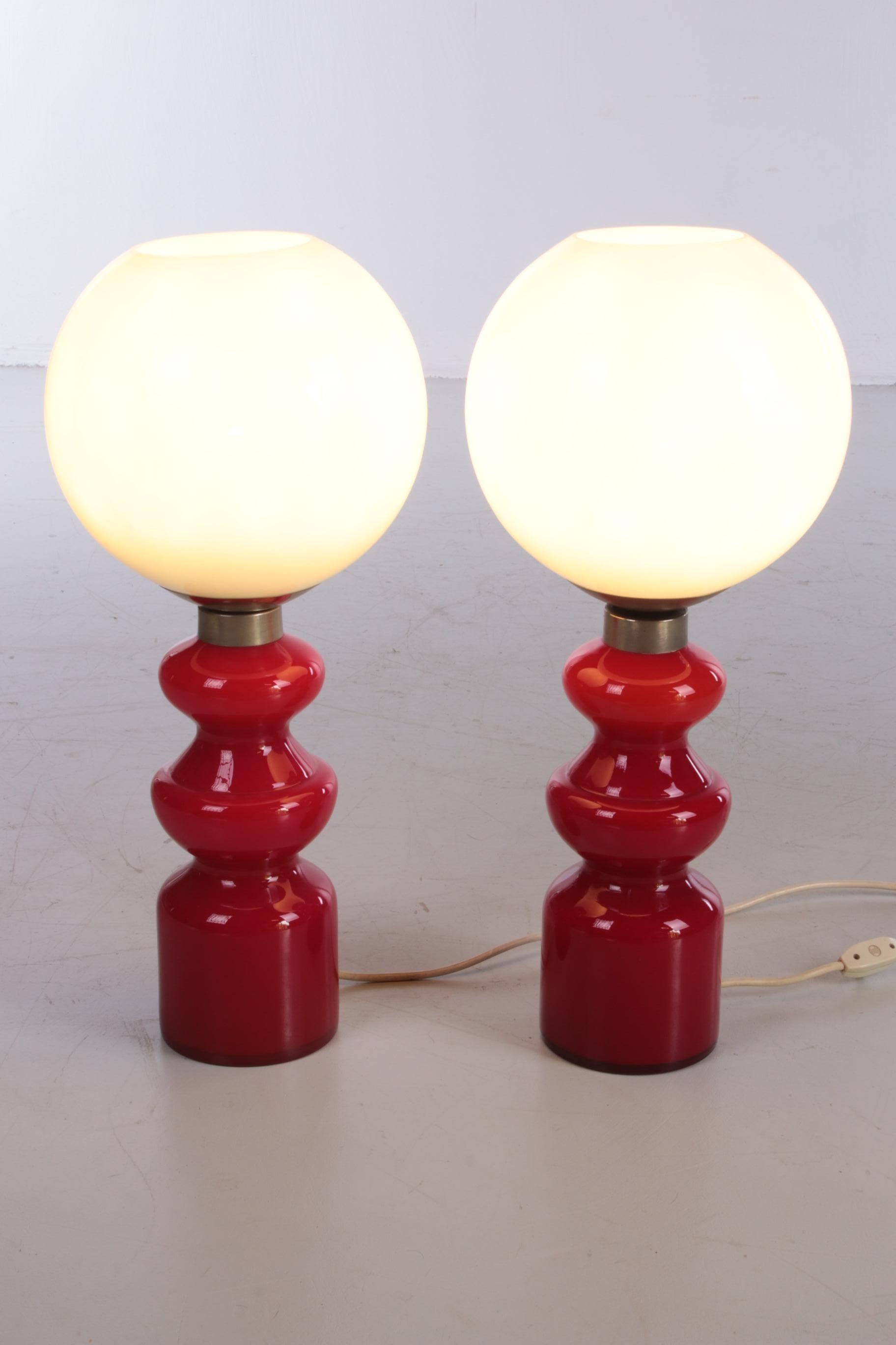 Two Big Glass Table Lamps Vintage Retro Red and White Table Lamps, 1970s 6