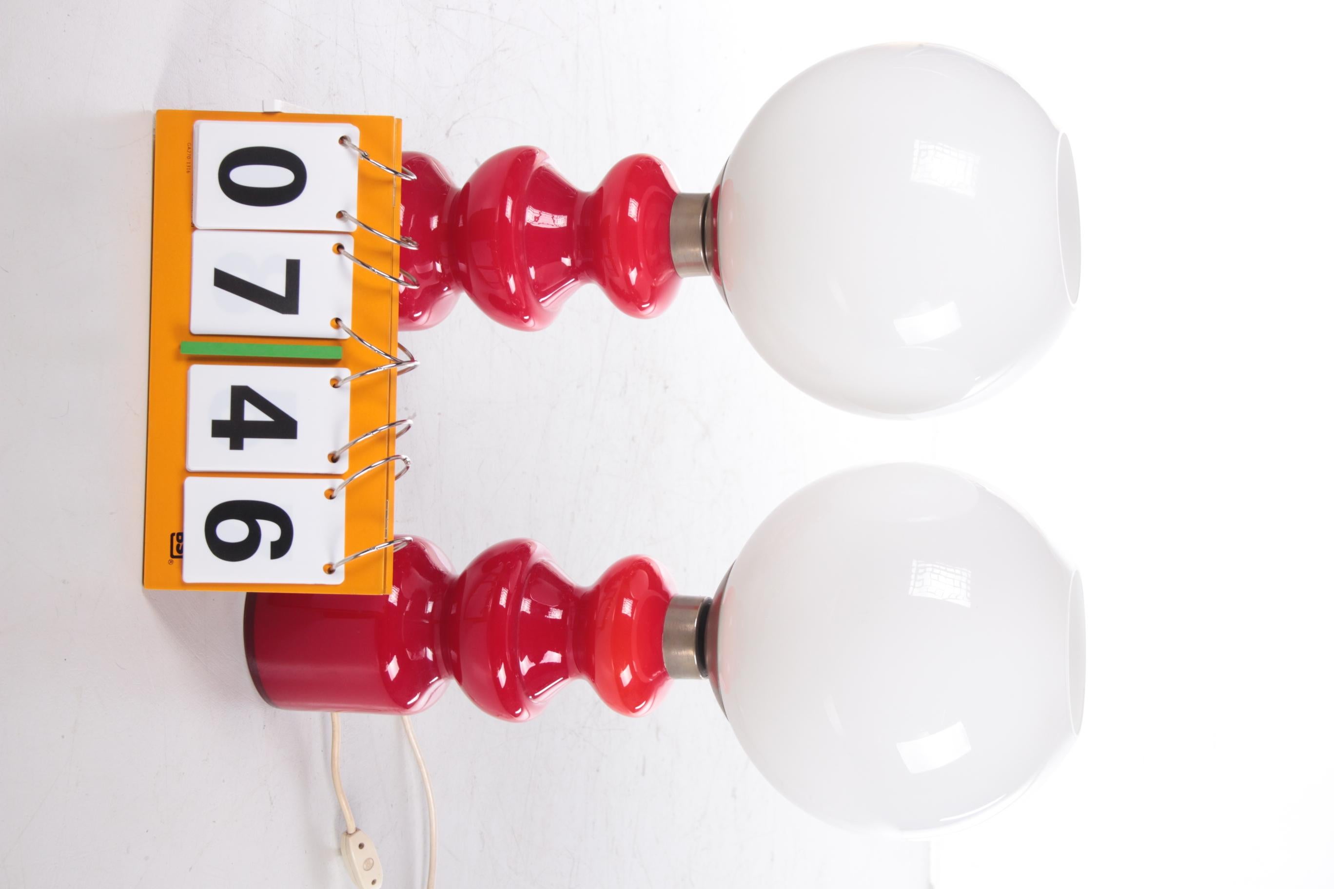 20th Century Two Big Glass Table Lamps Vintage Retro Red and White Table Lamps, 1970s