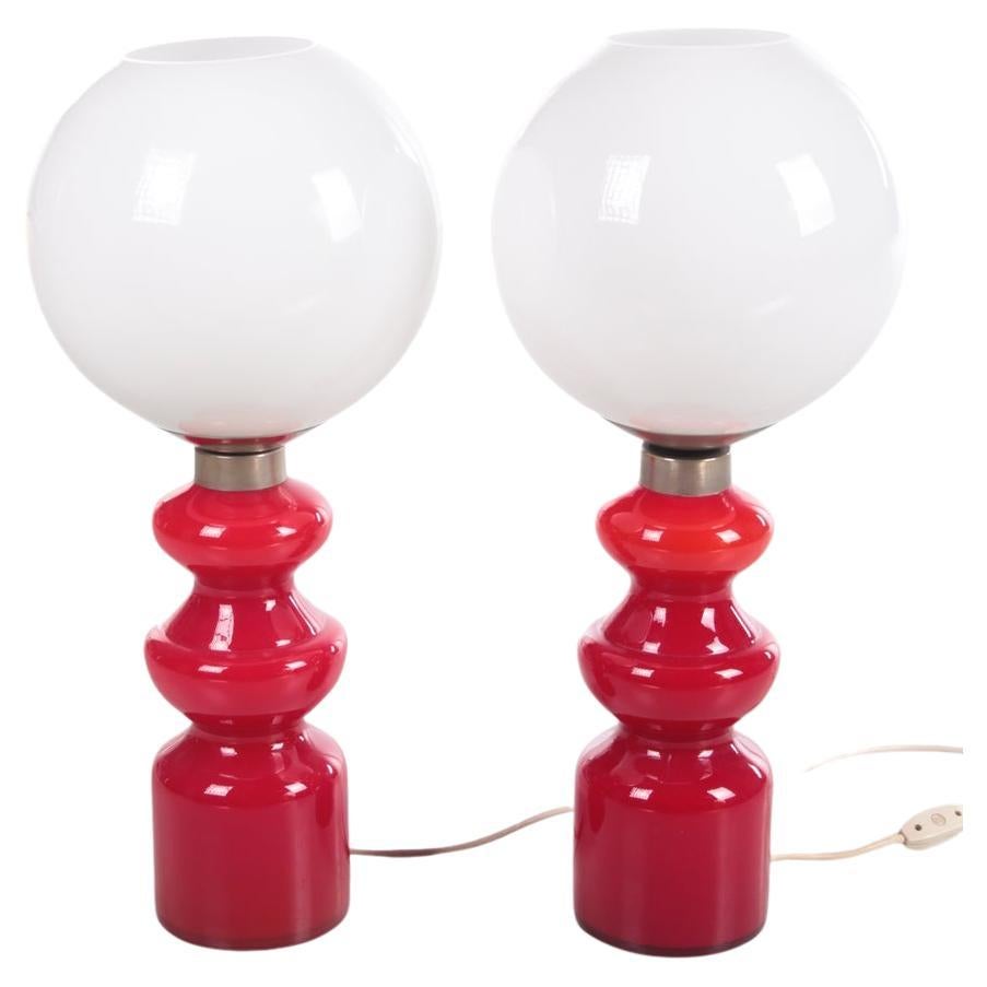 Two Big Glass Table Lamps Vintage Retro Red and White Table Lamps, 1970s